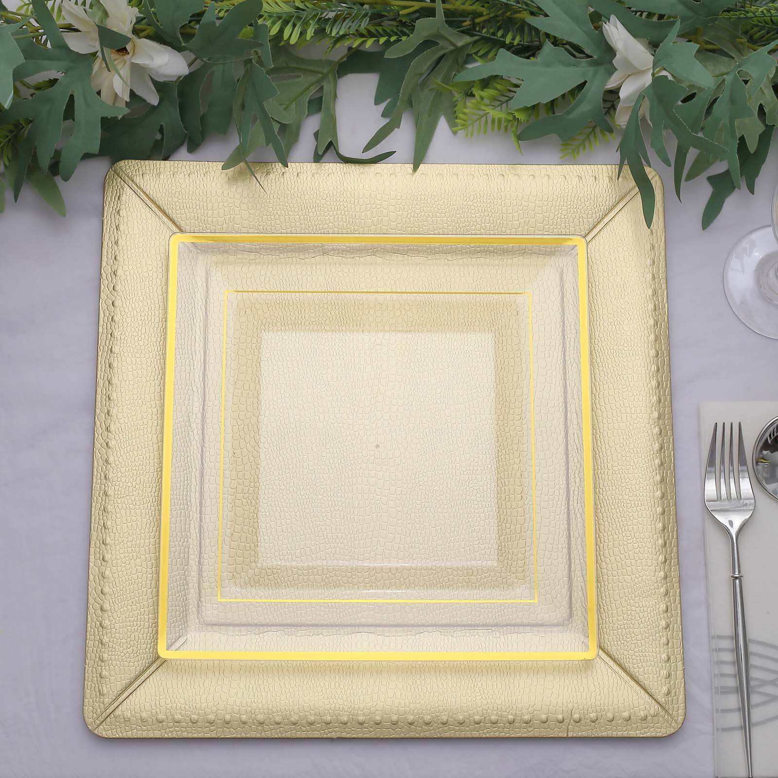 10 Pack Disposable Square Charger Plates - Champagne Gold with Leather-Like Texture, 1100GSM Heavy Duty Paper Plates for Weddings, Parties & Formal Dining Events (13 Inch)