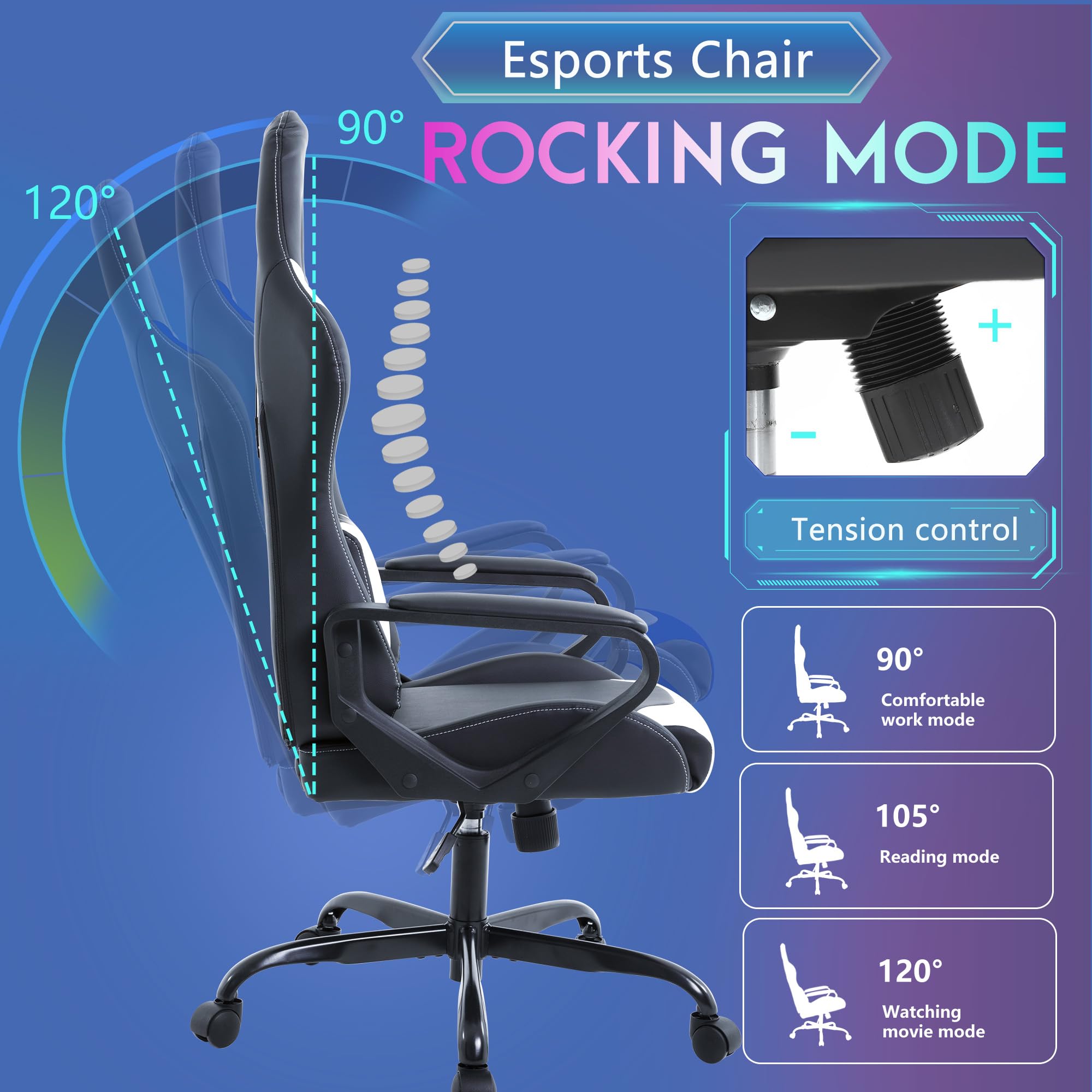 Ergonomic Gaming Chair - Racing Style Computer Desk Chair with Adjustable Armrests, 360° Swivel & Smooth Casters, PU Leather Executive Office Chair with Headrest & Lumbar Support for Back Pain Relief - Perfect for Home Office, Gaming Setup & Workstation (White)