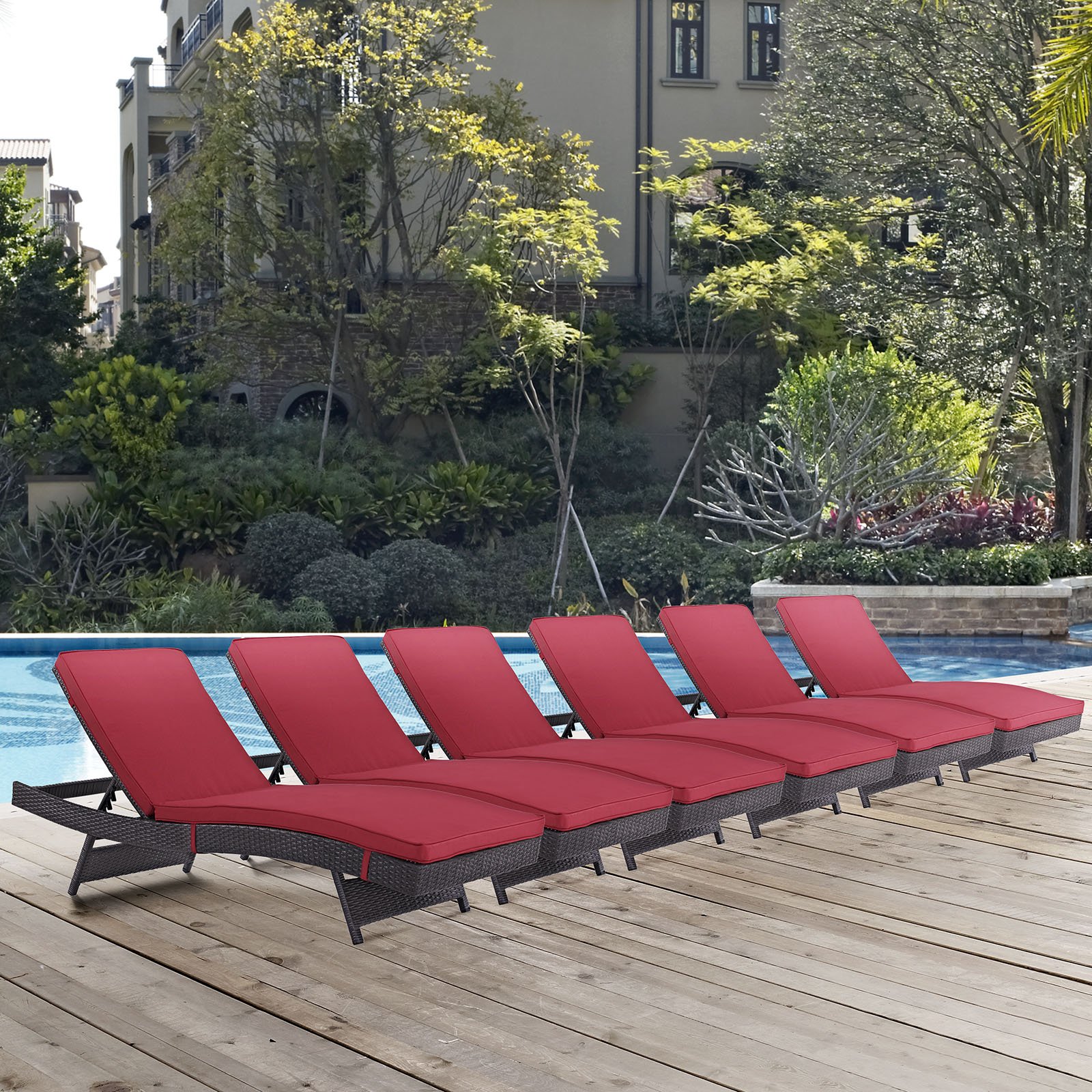 Modway Convene Wicker Rattan Outdoor Patio Chaise Lounge Chairs Set of 6 - Espresso Red Color, Weather-Resistant, Comfortable Sunbathing & Poolside Relaxation for Backyard, Garden, Beach