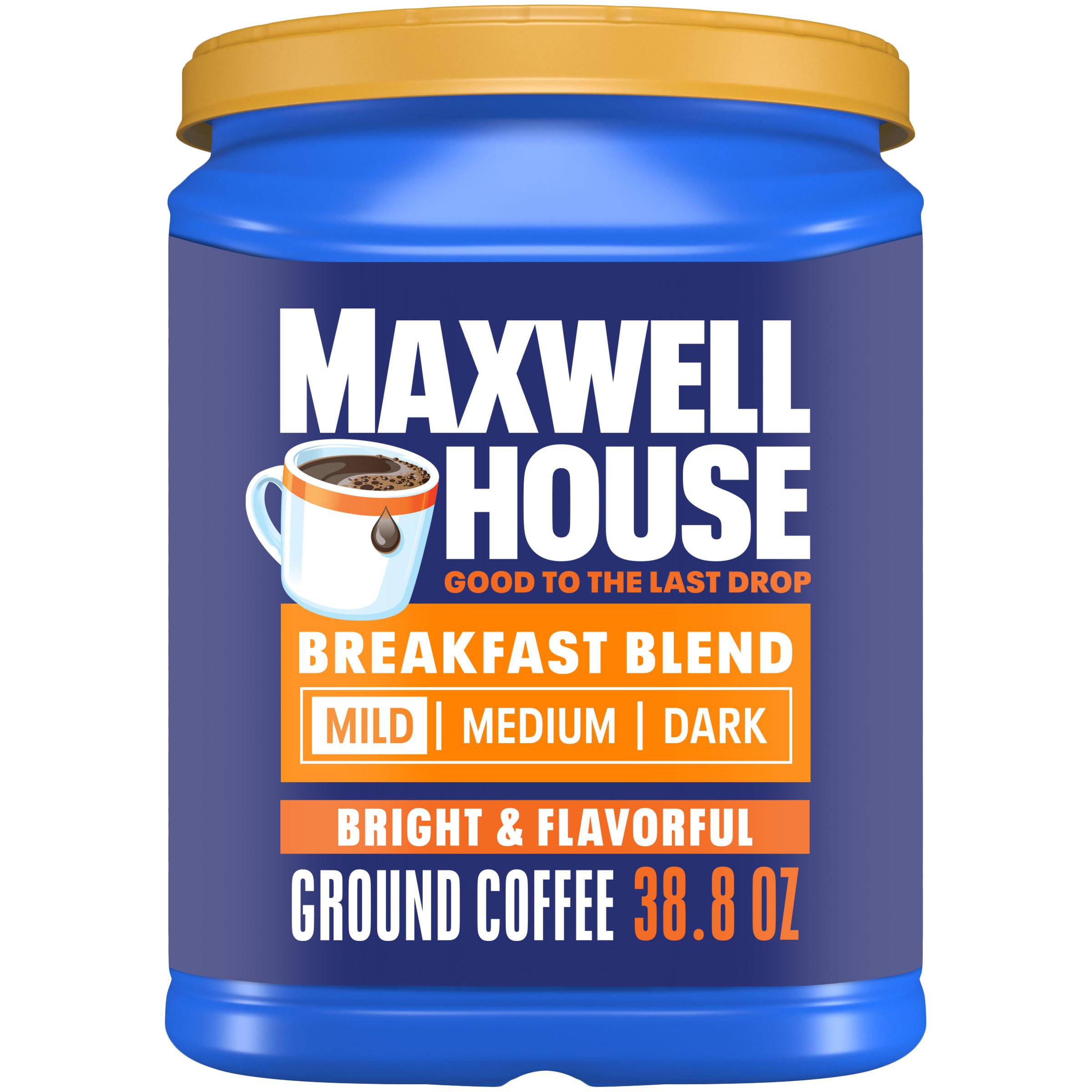 Maxwell House Breakfast Blend Mild Roast Ground Coffee - 38.8 oz Canister (1.1 kg) | Smooth Morning Coffee for Home & Office | Perfect for Drip Coffee Makers & French Press