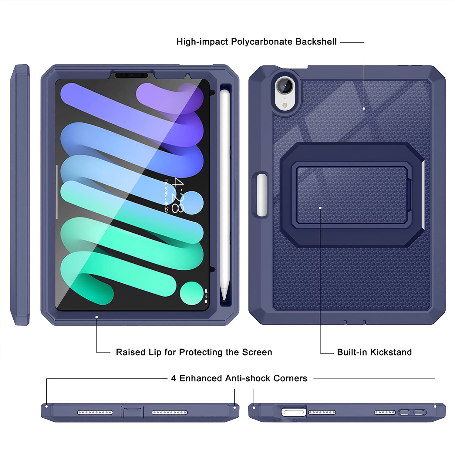 Soke Rugged Shockproof Case for iPad Mini 6th Generation (2021) 8.3 Inch - Built-in Screen Protector, Pencil Holder & Kickstand - Navy Blue | Perfect for Travel, Work & School Protection
