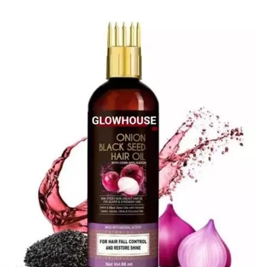 Glowhouse Skin Science Onion Black Seed Hair Oil with Comb Applicator - Natural Hair Growth Treatment for Hair Loss Control - Sulfate Free, Mineral Oil Free & Vegan - 100mL - Perfect for Daily Hair Care & Scalp Massage
