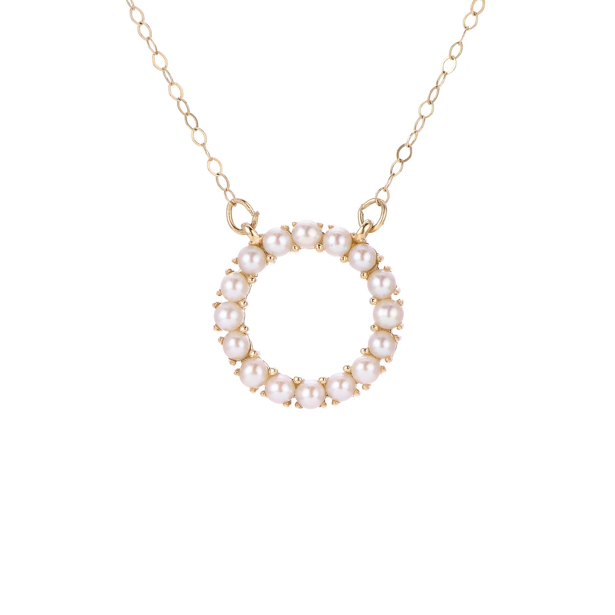 14K Yellow Gold Freshwater Seed Pearl Circle Necklace - Elegant Jewelry for Women, Perfect for Weddings, Parties & Special Occasions