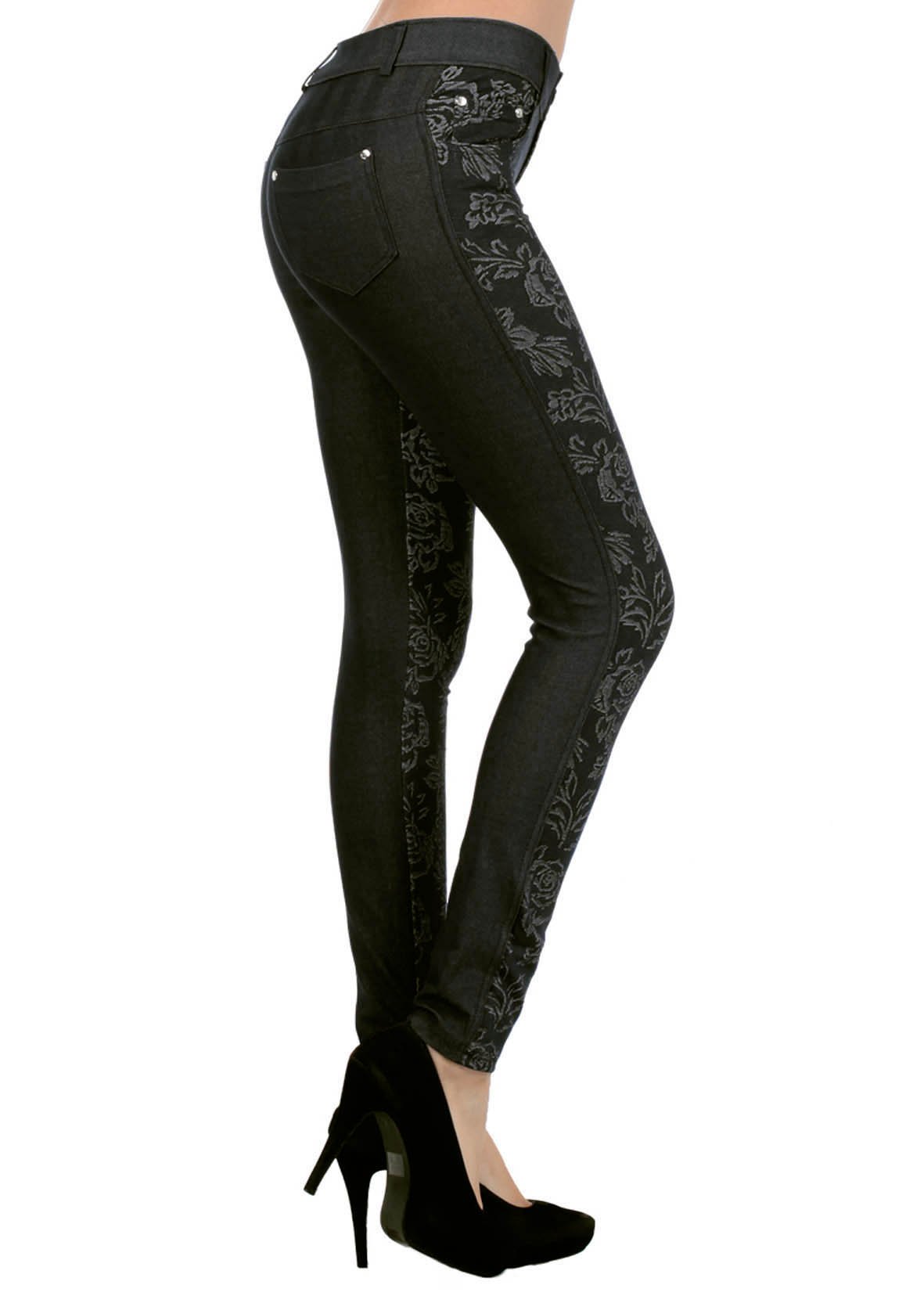 ICONOFLASH Women's Floral Print Herringbone Denim Leggings - Stretchy Jeggings for Casual Wear, Work & Date Night Outfits