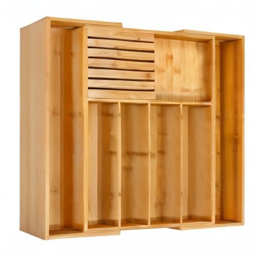 VaeFae Expandable Bamboo Silverware Drawer Organizer with Knife Block & Dividers - Multifunctional Wooden Utensil Tray for Kitchen, Dining Room & Office - Perfect for Organizing Cutlery, Spoons, Forks & Knives