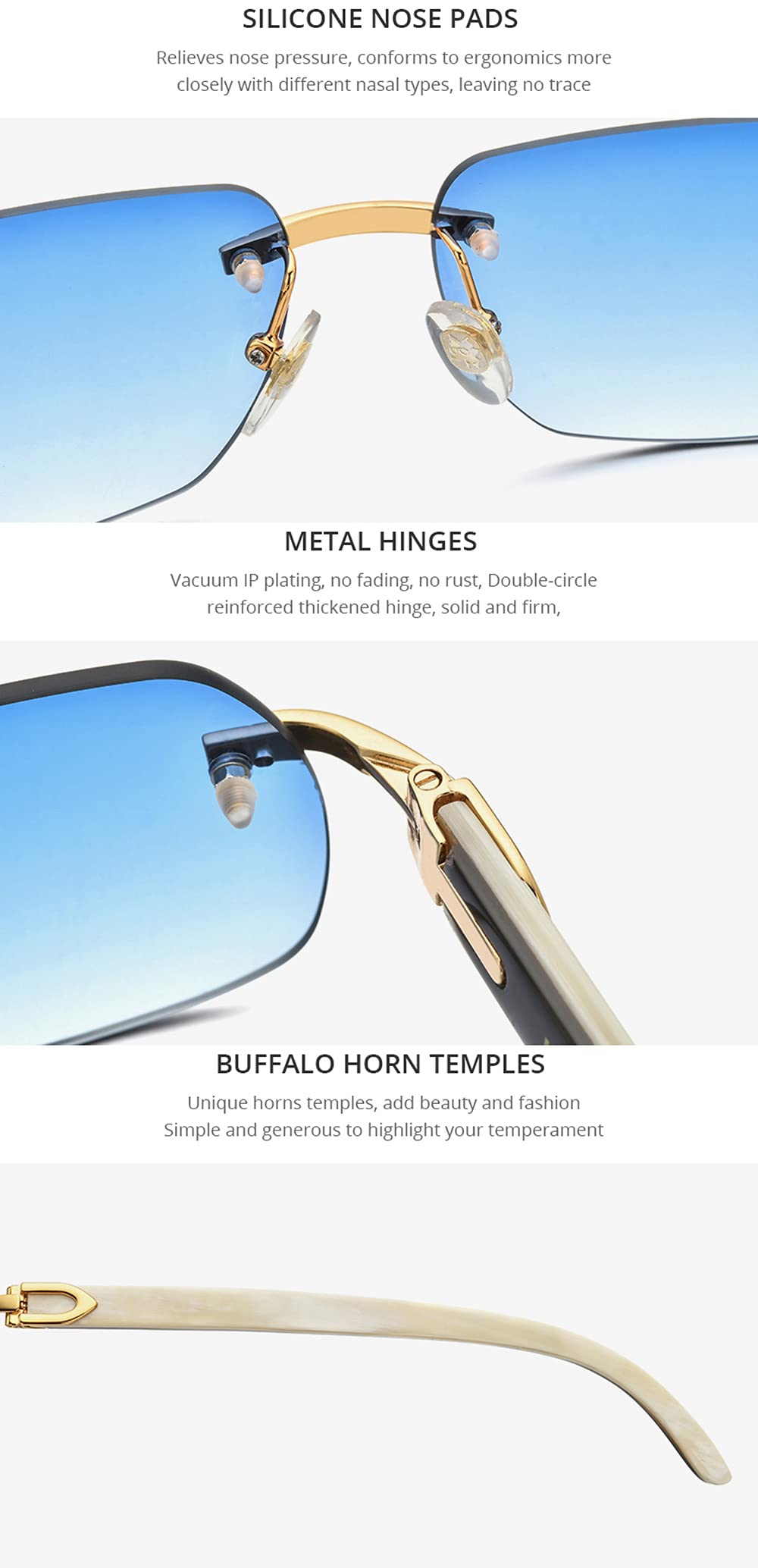 HEPIDEM 100% Genuine Buffalo Horn Handmade Square Rimless Luxury Sunglasses for Men & Women - Perfect for Outdoor Activities, Driving, and Fashion Accessories