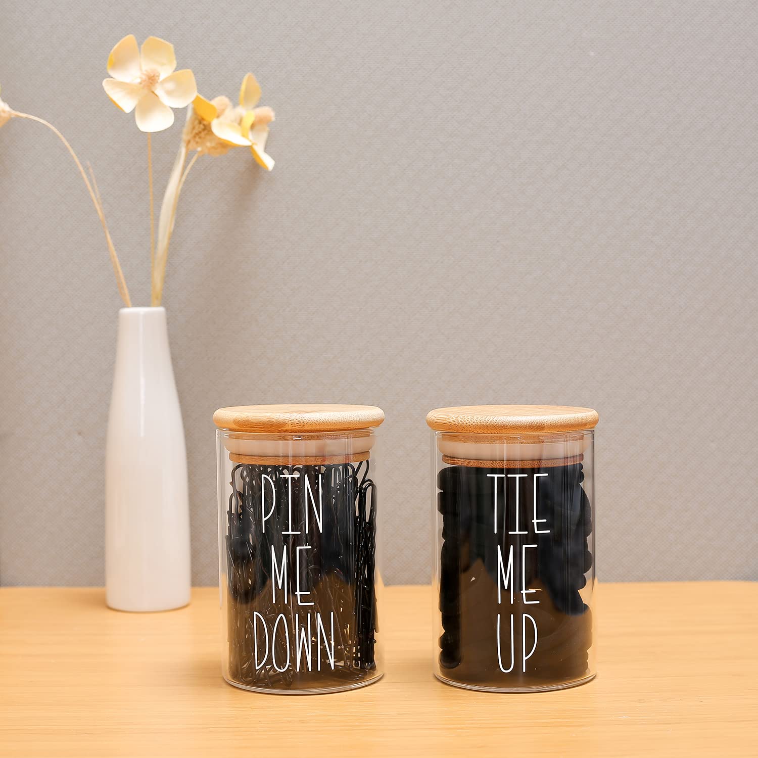 MOMEEMO Apothecary Jars with Lids - Bathroom Storage Organizer for Hair Ties, Bobby Pins & Small Accessories | Bamboo Bathroom Decor | Perfect for Vanity, Countertop & Shower Organization
