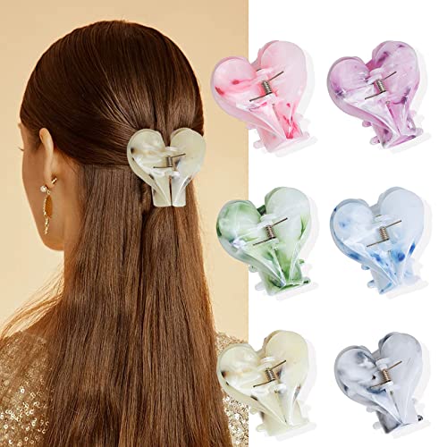 6 Pack Love Acetate Hair Claw Clips - Small Cute Hair Barrettes for Girls & Women - All Hair Types - Perfect for School, Work & Everyday Styling