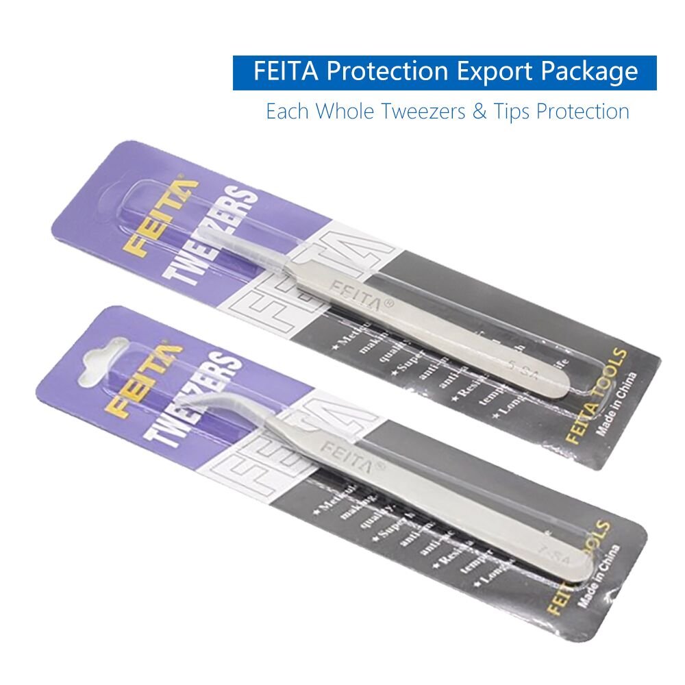 FEITA Professional Eyelash Extension Tweezers Set - Straight & Curved Pointed Fine Tip Tweezers for Lash Extensions, False Lashes & Beauty Salon Use - Silver Stainless Steel 2-Piece Kit for Precise Lash Application