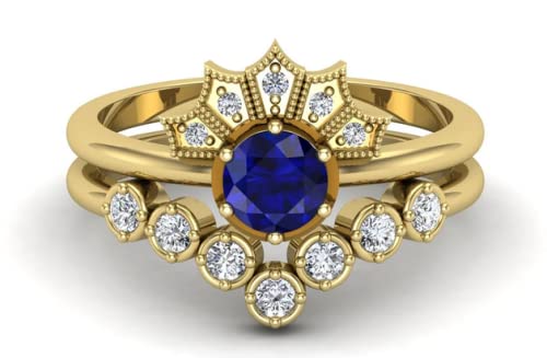 Blue Sapphire and Moissanite Wedding Ring Set for Women - 925 Sterling Silver Art Deco Bridal Ring - Unique Round Gemstone Engagement Ring - Perfect for Weddings, Anniversaries, and Special Occasions