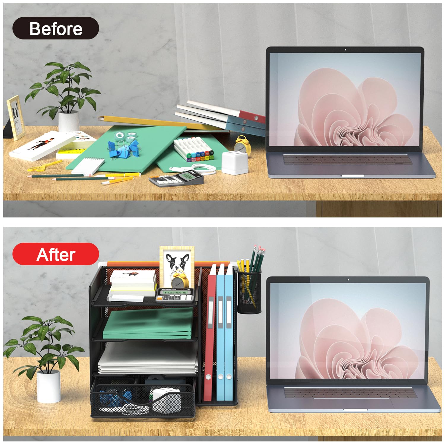 Mesh Desk Organizer with Hanging File Holder & Drawer - Black Office Supplies Storage with Letter Tray, Pen Holder | Perfect for Home Office, School & Workspace Organization