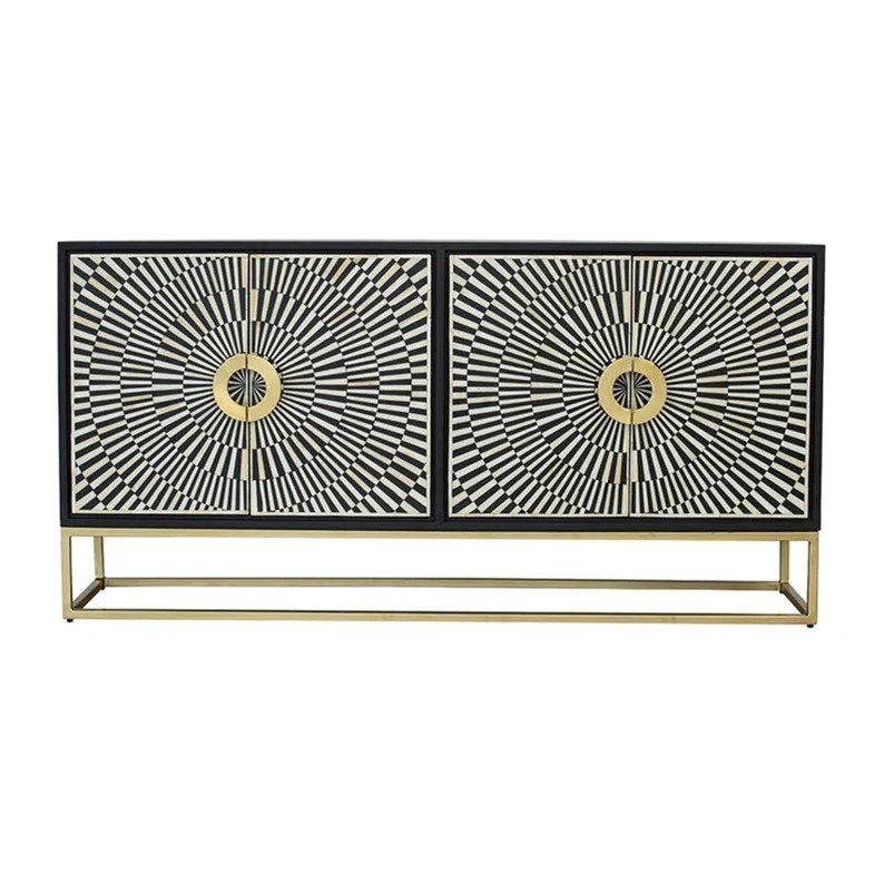 Handmade Bone Inlay Striped Pattern Sideboard with 4 Doors | Vintage Buffet Table for Dining Room Storage & Home Decor | Perfect for Living Room, Entryway & Wedding Registry