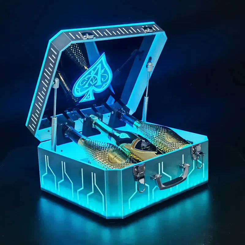 Rainbow LED Champagne Bottle Display Case - Ace of Spade Themed Suitcase Style Wine Carrier for Nightclubs, Bars & Parties | Glowing Drink Showcase for Special Events & VIP Celebrations