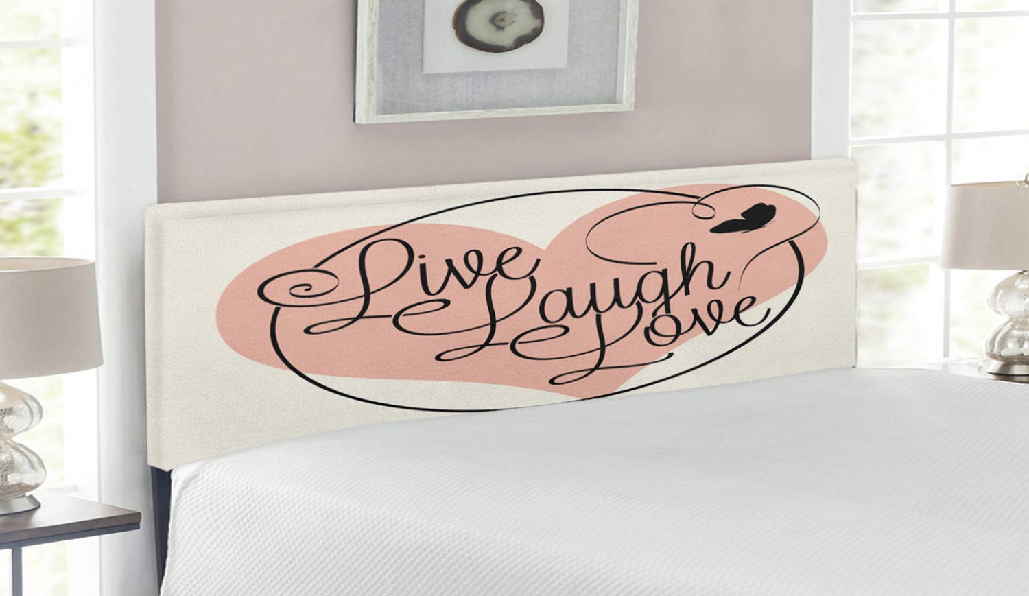 Ambesonne Live Laugh Love Upholstered Headboard - Romantic Valentine's Day Calligraphy Art with Hearts & Butterflies - Queen Size Decorative Metal Bed Headboard with Memory Foam in Pale Pink, Black & White - Perfect for Master Bedroom Decor & Valentine's Gift Ideas