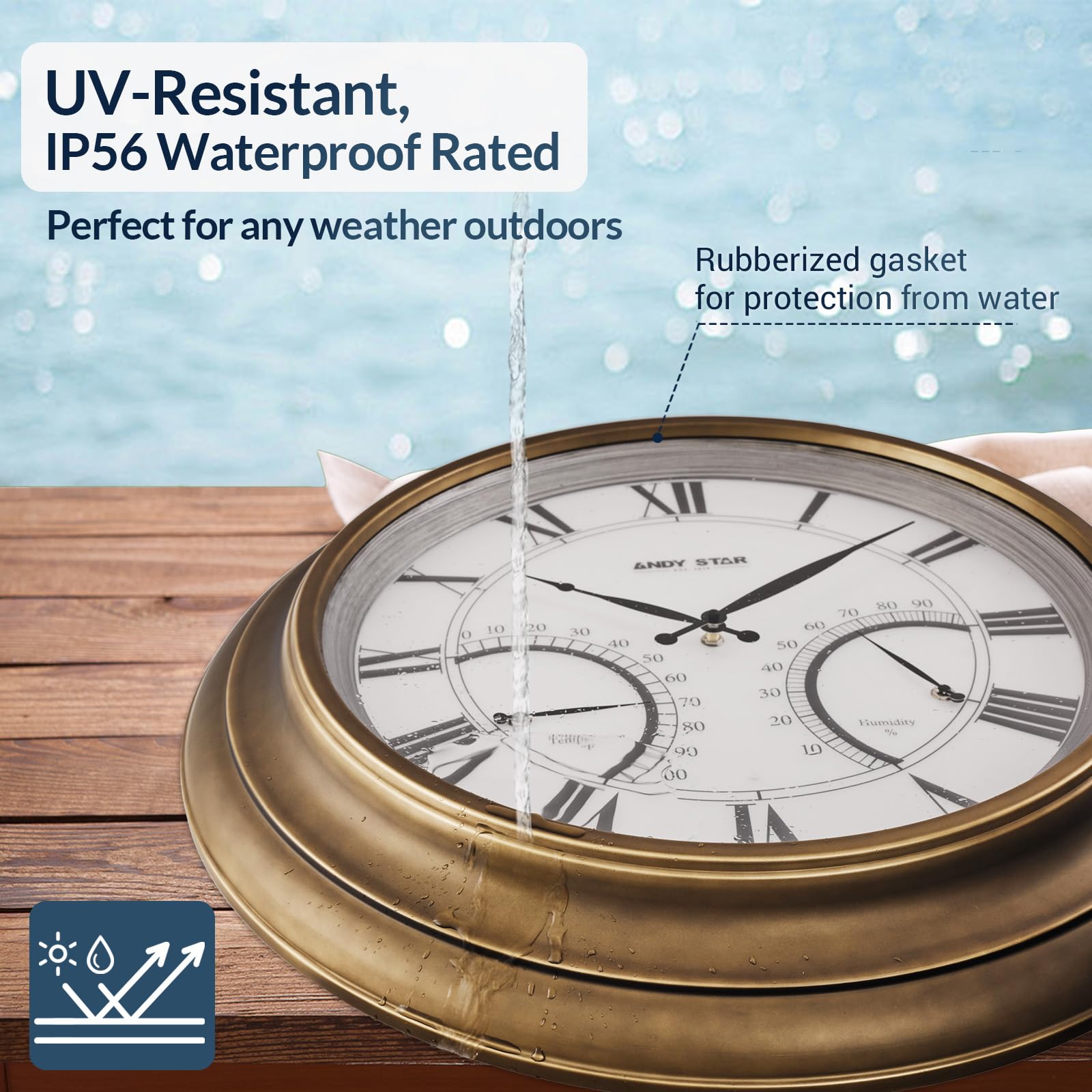 24 Inch Large Outdoor Wall Clock with Thermometer - Waterproof, Illuminated, Non-Ticking Metal Clock for Patio, Garden & Backyard - Battery Operated, Gold Finish - Perfect Housewarming Gift & Outdoor Decor
