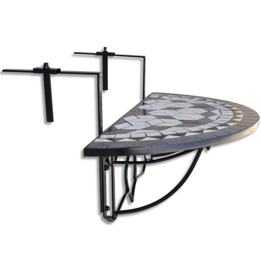 Stylish Black and White Mosaic Hanging Balcony Table - Outdoor Patio Decor with Mosaic Plant Stand | Perfect for Small Spaces, Balcony Gardens & Apartment Decoration