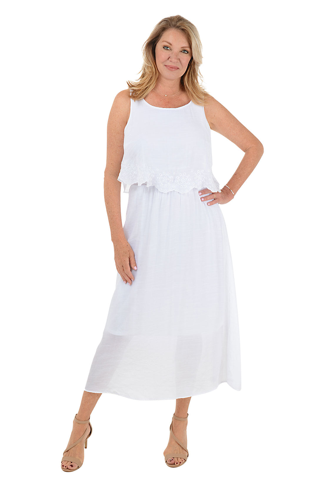 Elegant Eyelet Scalloped Sleeveless Popover Maxi Dress for Women - Summer Beach Wedding Party & Vacation Outfit