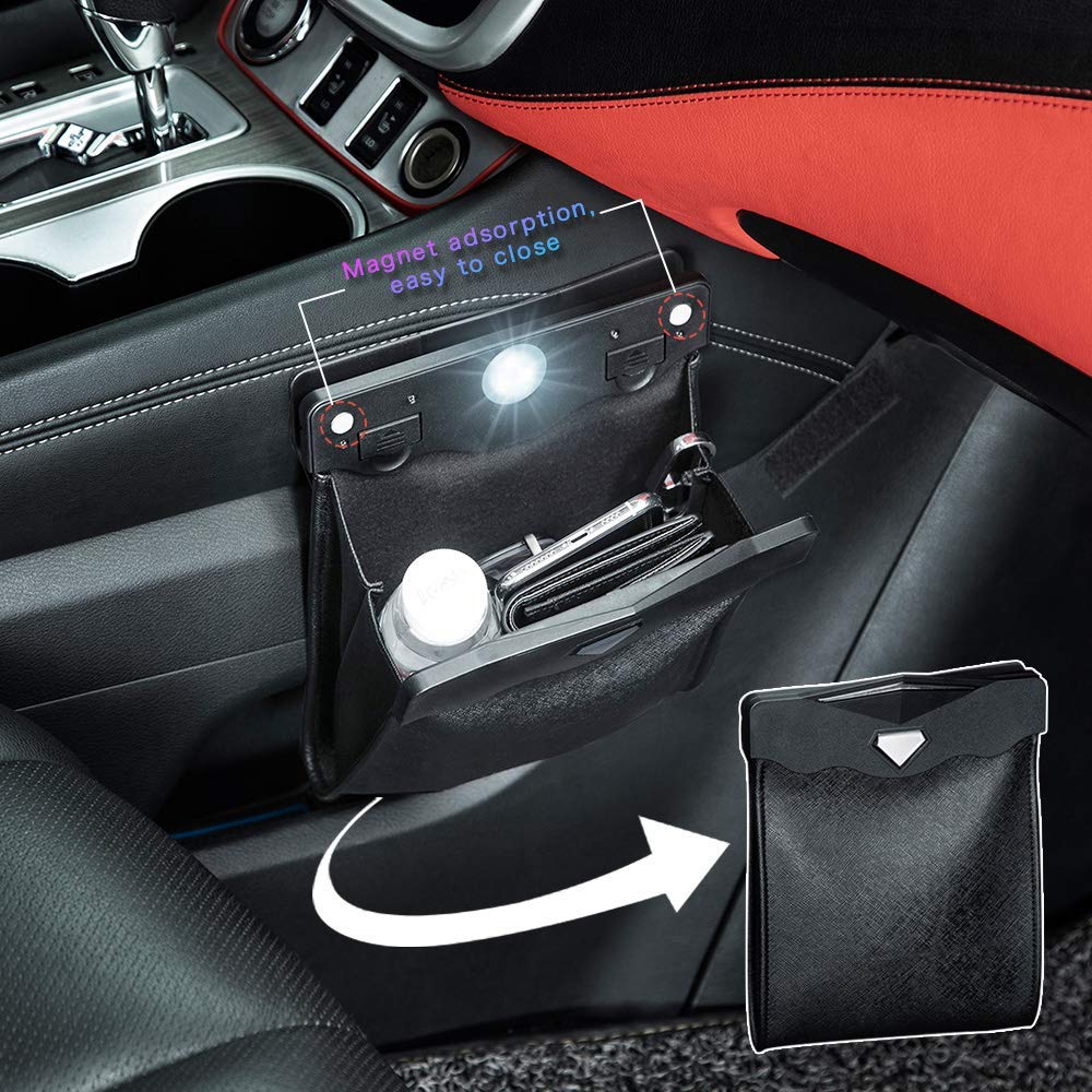 Smart LED Car Trash Can - Waterproof Leak-Proof Reusable Garbage Bag with Artificial Leather Storage Pocket for Passenger Side & Back Seat - Portable Travel & Office Waste Bin - Ideal for Road Trips, Commuting & Car Organization (Beige, 1 Pack)