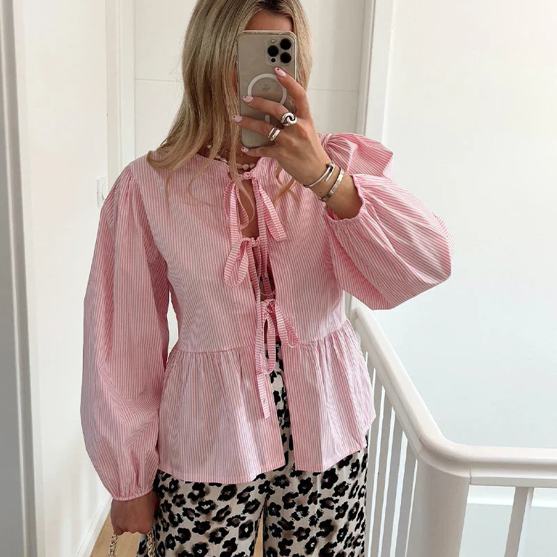 Elegant Satin Ruffle Blouse for Women - Lantern Short Sleeve Loose Fit O-Neck Top | Spring Summer Fashion Streetwear | Perfect for Office, Date Night & Casual Outings
