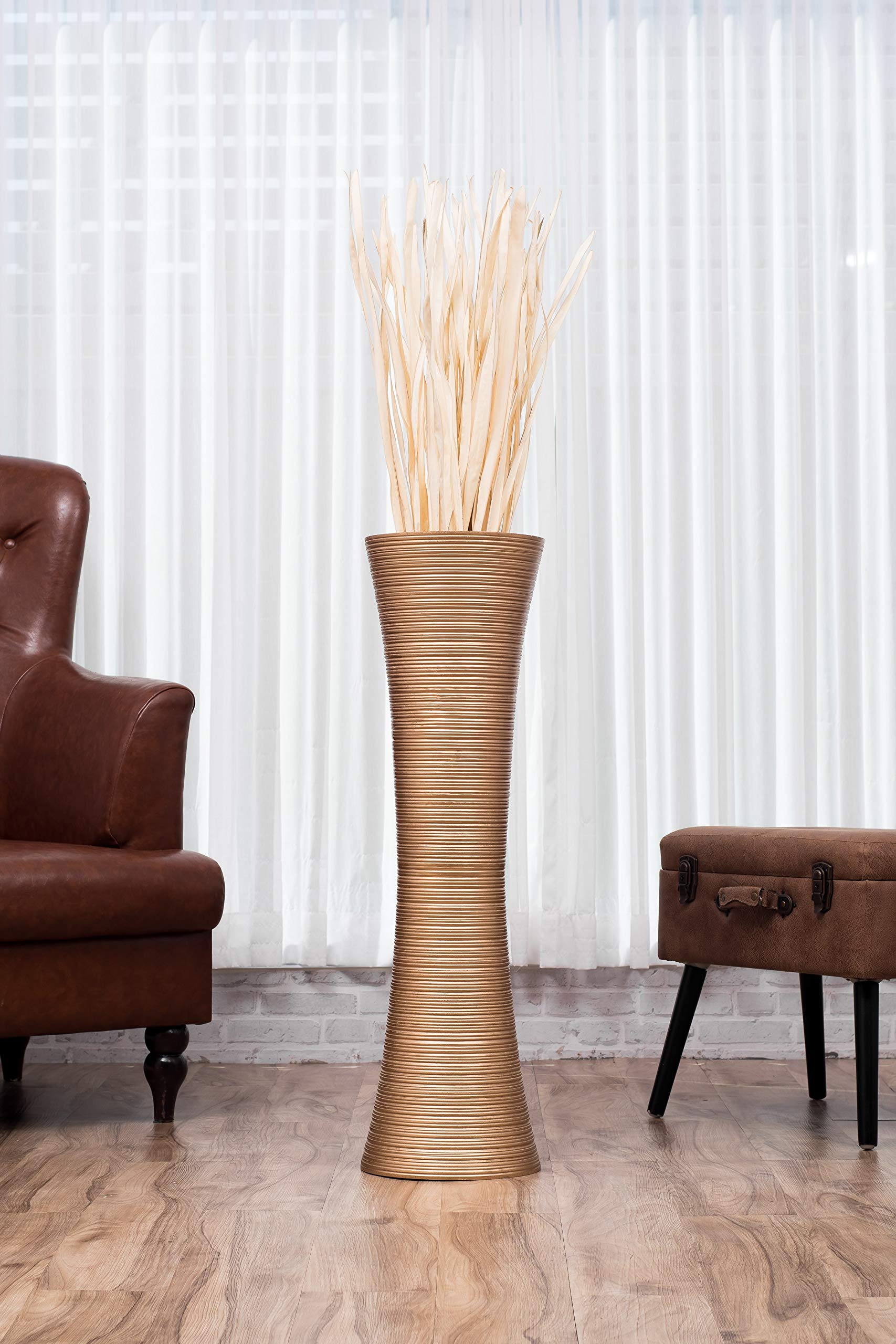 Leewadee 36 Inch Large Gold Floor Vase - Wooden Tall Farmhouse Decor for Flowers, Fake Plants & Pampas Grass - Perfect for Living Room, Entryway & Wedding Decor