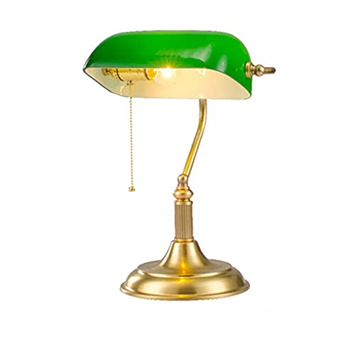 Vintage Banker Desk Lamp with Green Glass Shade - Retro E27 Table Lamp with Switch for Living Room, Bedroom & Office - Classic LED Desk Light for Study, Reading & Home Decor