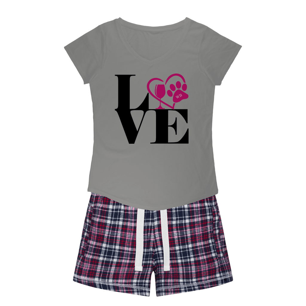 WineyBitches.Co Love Paw 2 Girls Sleepy Tee and Flannel Shorts - Cute Matching Pajama Set for Best Friends Sleepovers & Sister Bonding