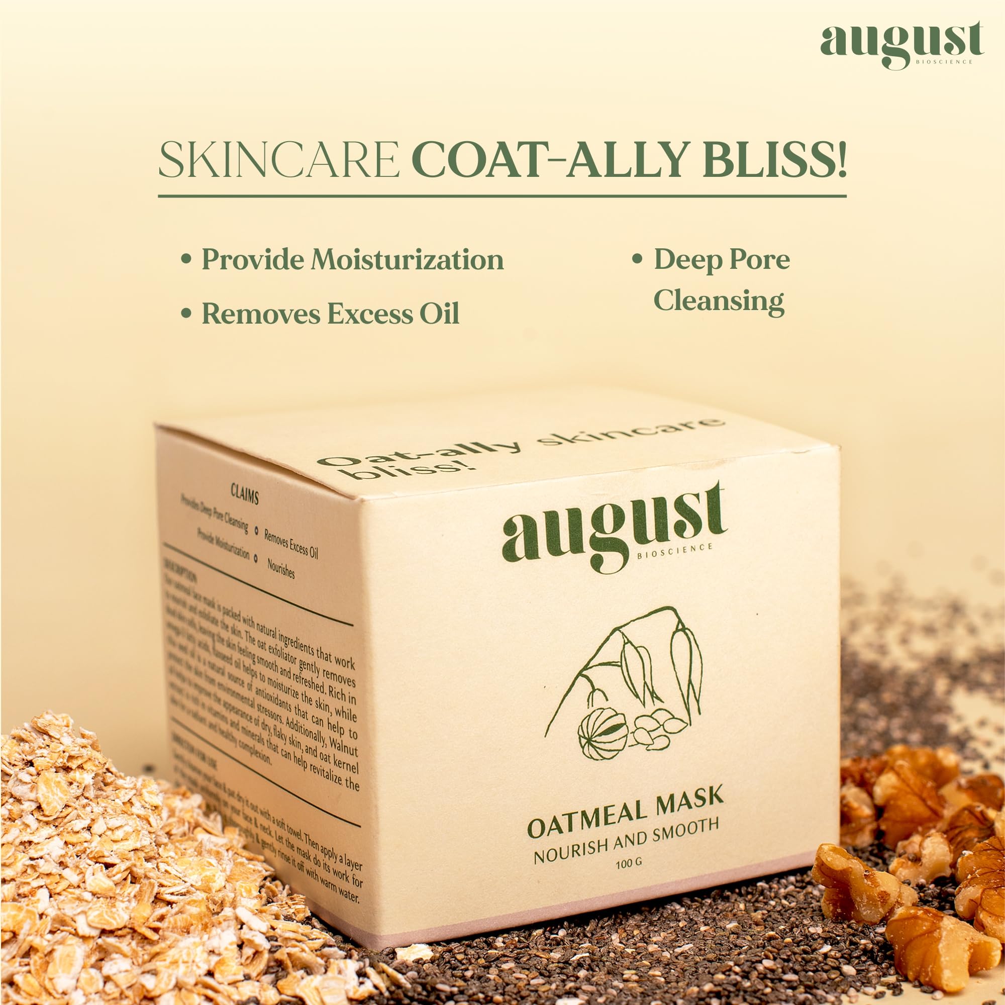 August Bioscience Oatmeal Clay Mask with Shea Butter & Chia Seed Oil - 100g Deep Cleansing Face Mask for Acne, Blackheads & Oily Skin - Perfect for Spa Day & Self-Care Routine