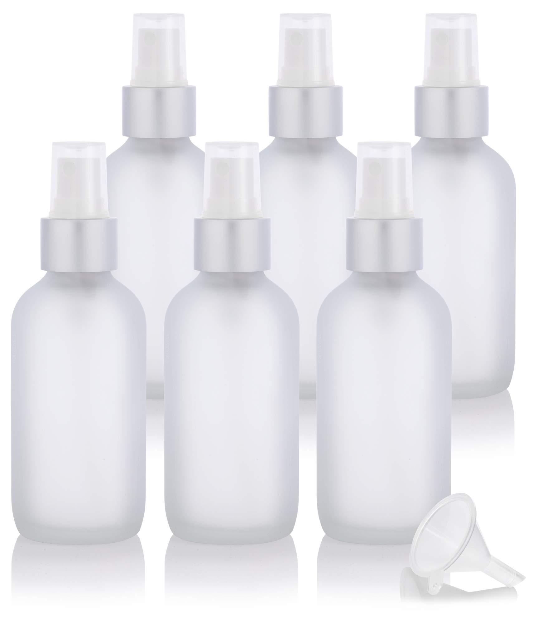 JUVITUS 4 oz Clear Frosted Glass Boston Round Bottle with Silver Fine Mist Spray (6 Pack) + Funnel - Perfect for Essential Oils, Perfumes & DIY Skincare Recipes