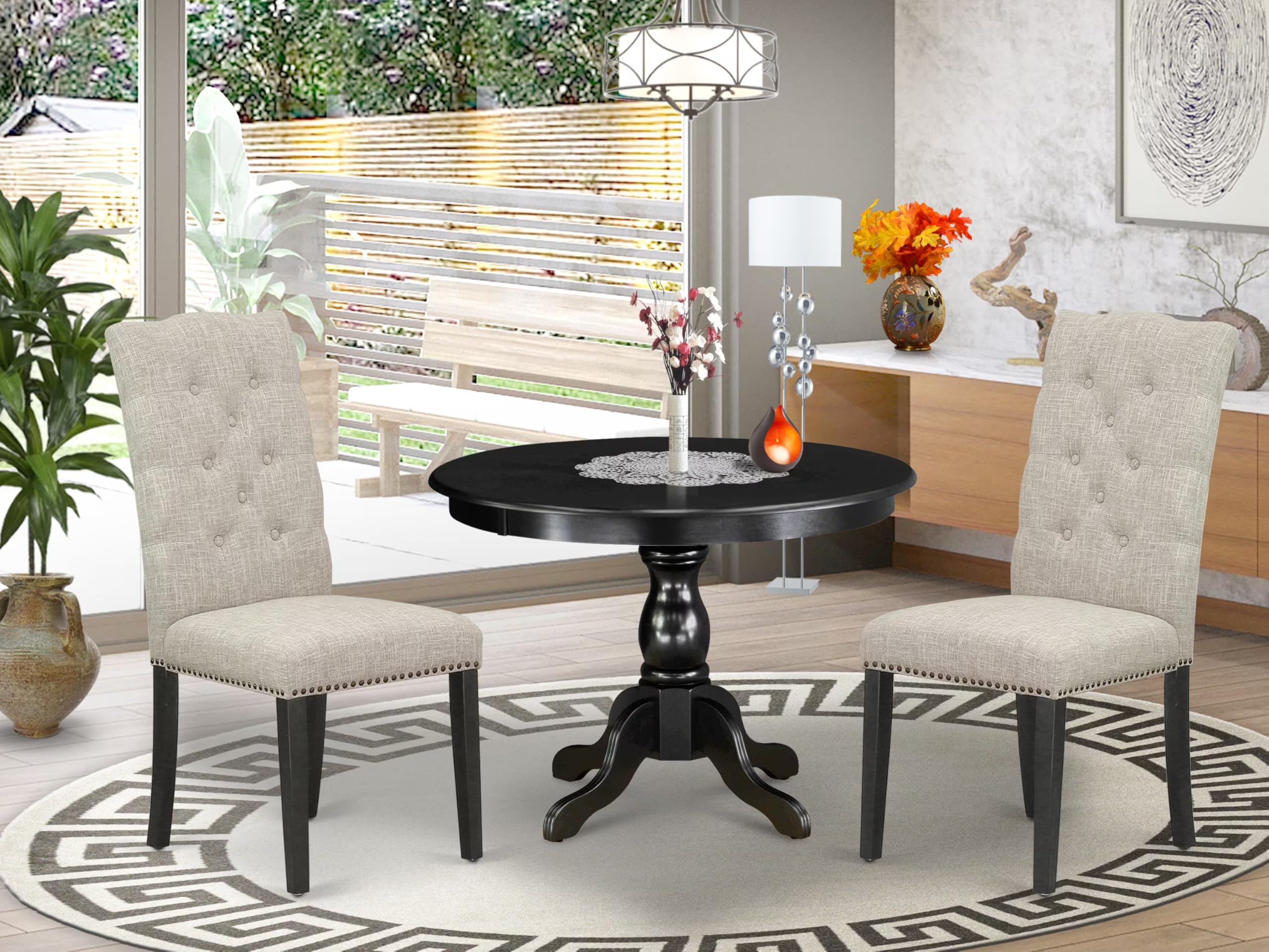 East West Furniture HBEL3-ABK-35 3-Piece Kitchen Table & Chairs Set - 42x42 Inch Round Dining Table with Pedestal Base & 2 Doeskin Linen Upholstered Chairs, Wirebrushed Black - Perfect for Small Kitchens, Breakfast Nooks, and Cozy Dining Spaces