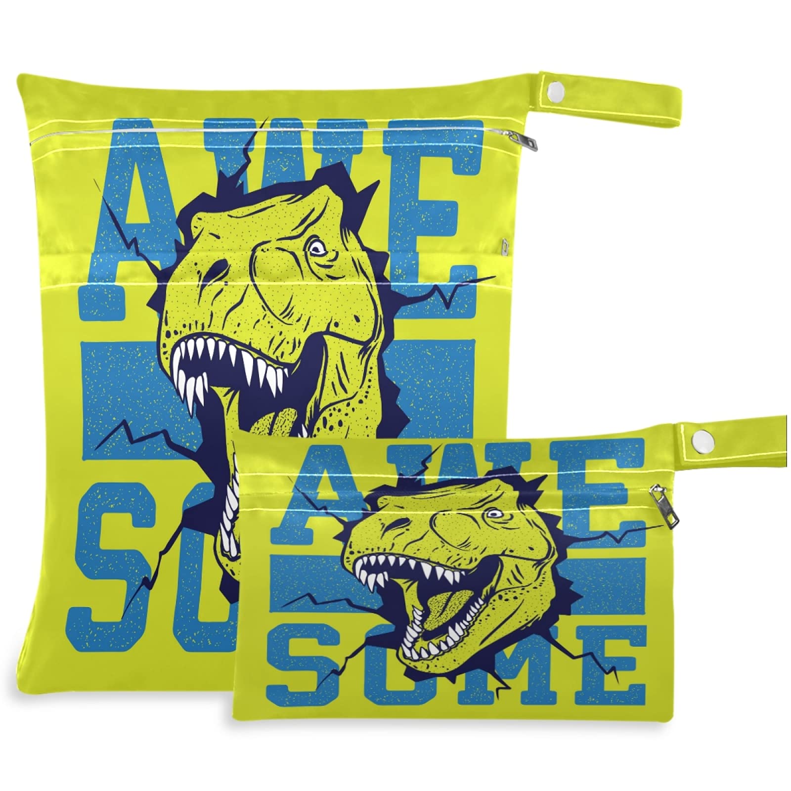 Visesunny 2-Pack Cartoon Dinosaur Wet Bags with Zipper Pockets - Reusable & Washable Waterproof Storage for Swimsuits, Diapers, Gym Clothes - Perfect for Travel, Beach, Pool, Daycare, Stroller & Toiletries Organization