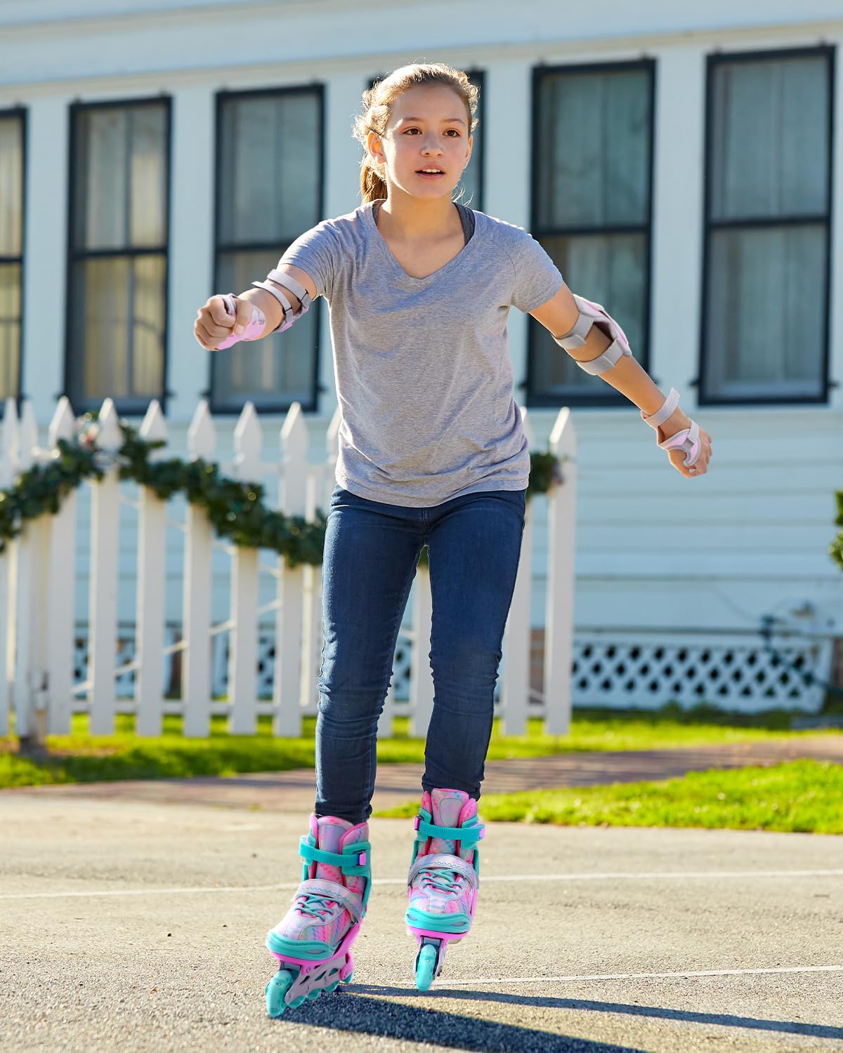 **Sportneer Adjustable Inline Skates for Kids & Youth - 4 Sizes, LED Light Up Wheels, Full Protective Gear Set - Perfect for Beginners, Girls, Women - Indoor & Outdoor Roller Skating Fun**