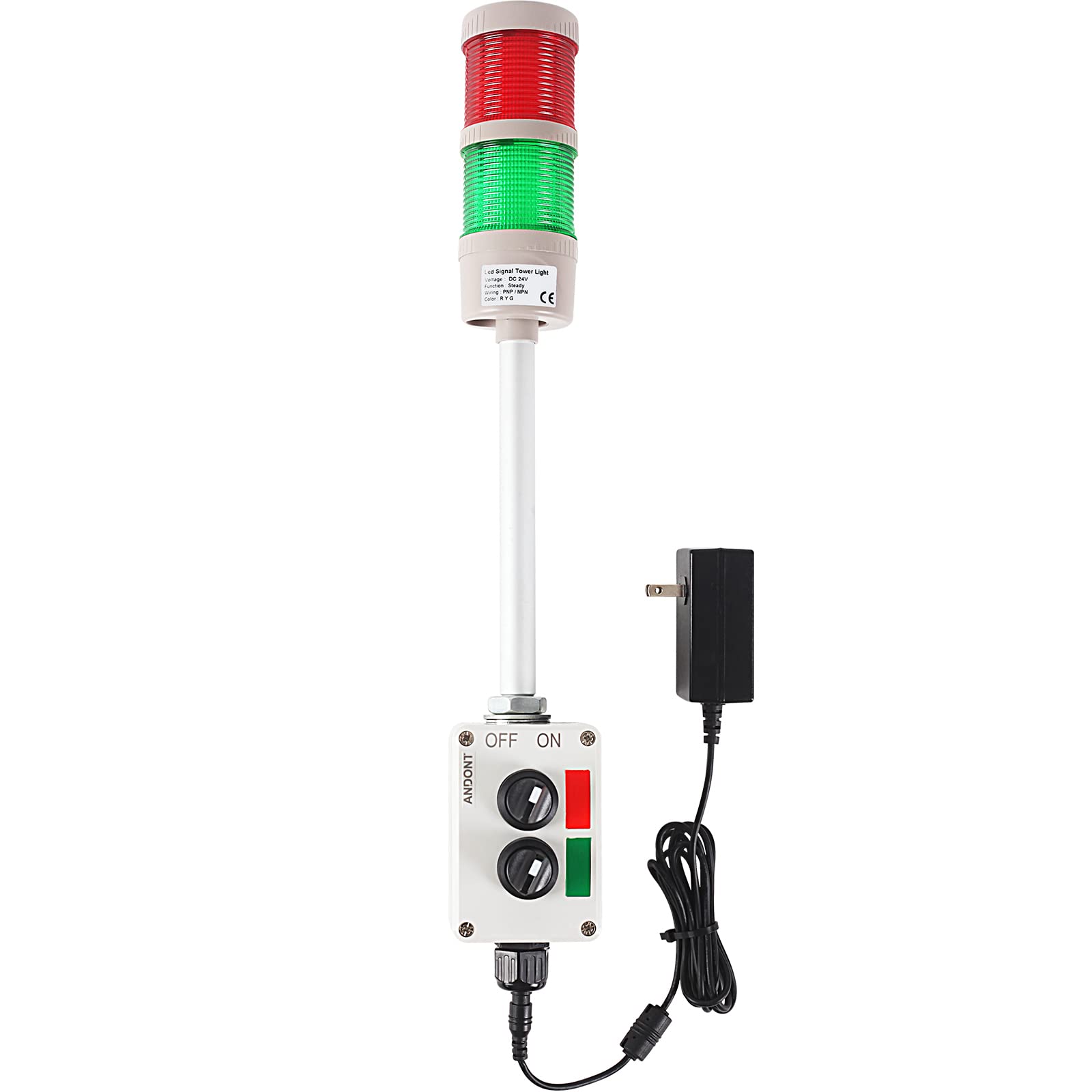2 Stack Super Bright LED Andon Tower Lights with Buzzer - Red/Green, Off-ON/Flash Modes, 6ft Industrial Adapter, IP53 Rated (2.36