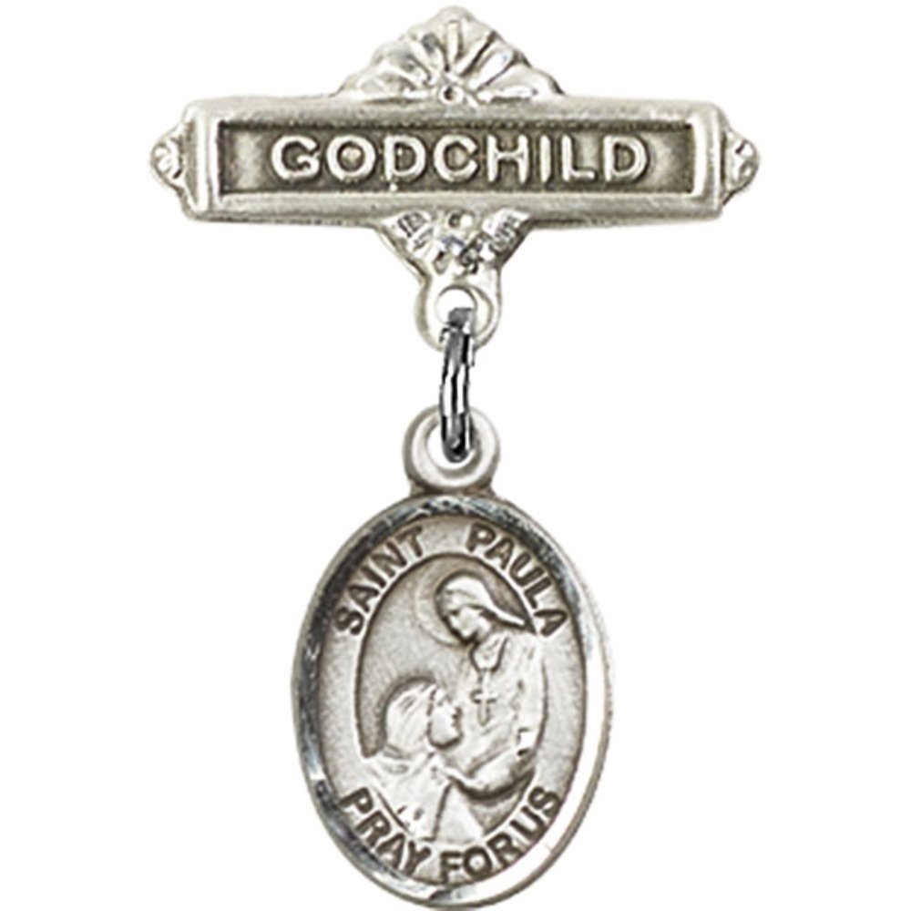 Sterling Silver Baby Badge with St. Paula Charm - Godchild Gift Pin (1