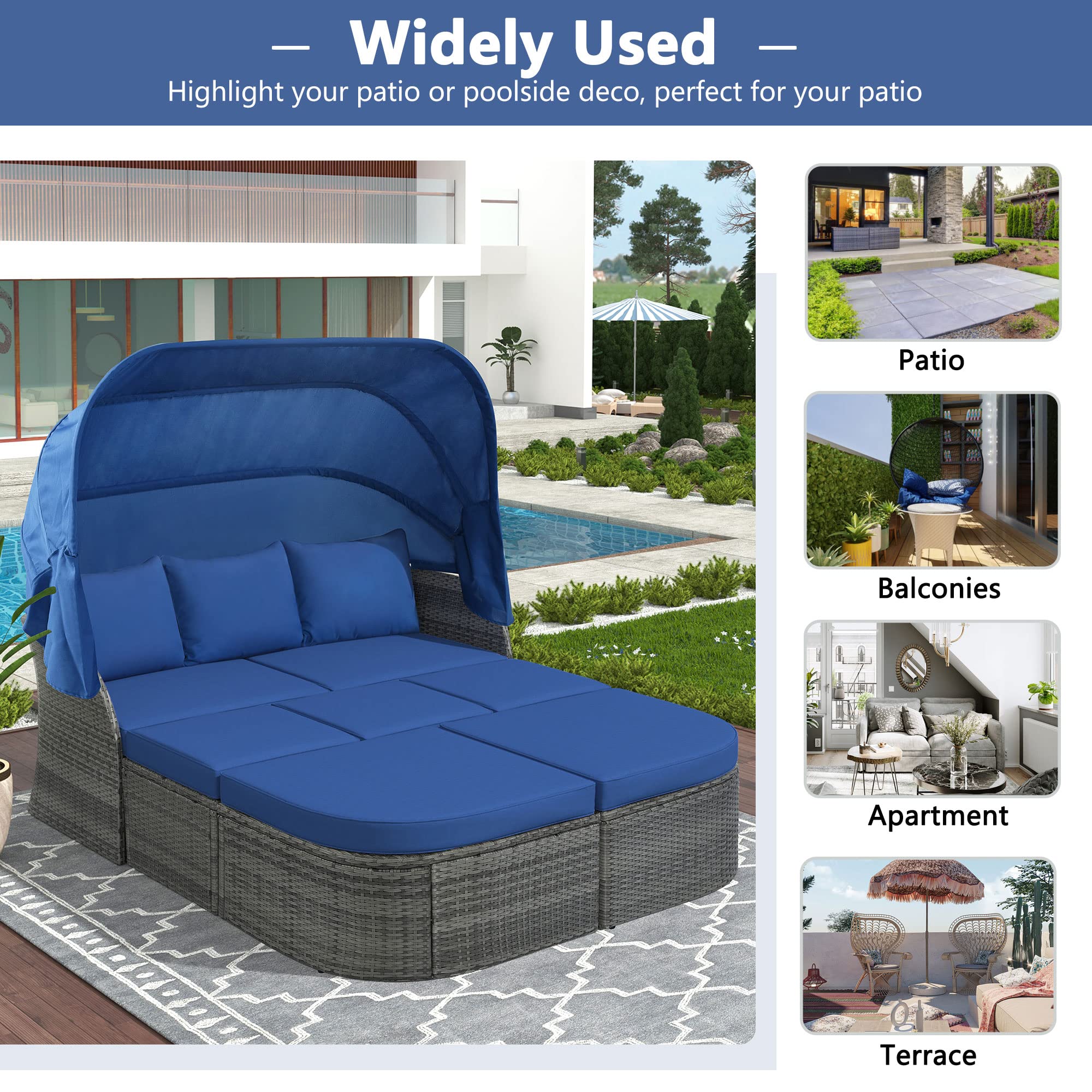 Polibi Patio Sunbed with Retractable Canopy - Rattan Wicker Outdoor Furniture Set with Soft Blue Cushions - Daybed Sofa Conversation Set for Garden, Yard, Poolside & Patio Relaxation