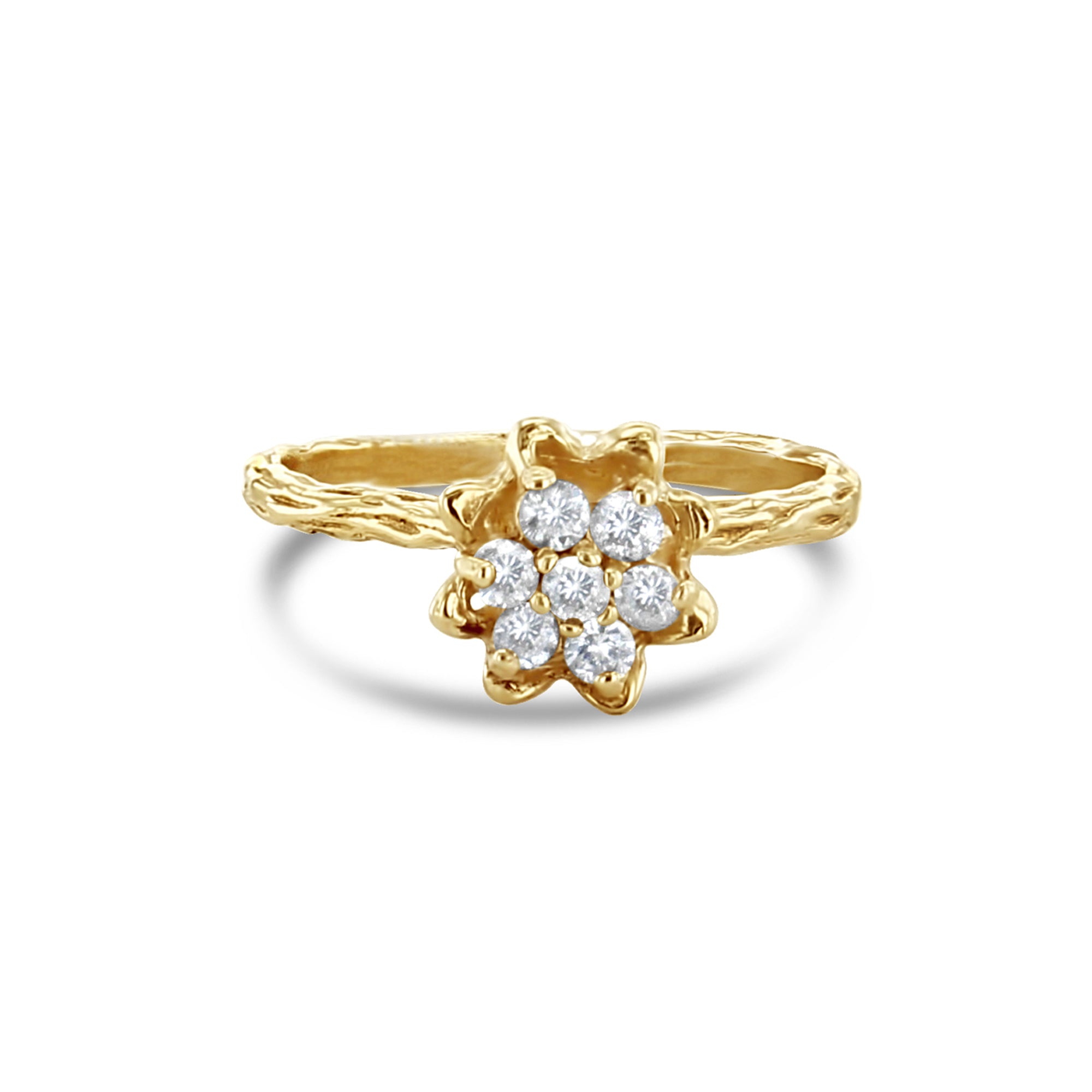 14K Yellow Gold Diamond Tulip Ring with Bark Textured Band - Elegant Floral Jewelry for Women, Perfect for Weddings, Anniversaries & Special Occasions