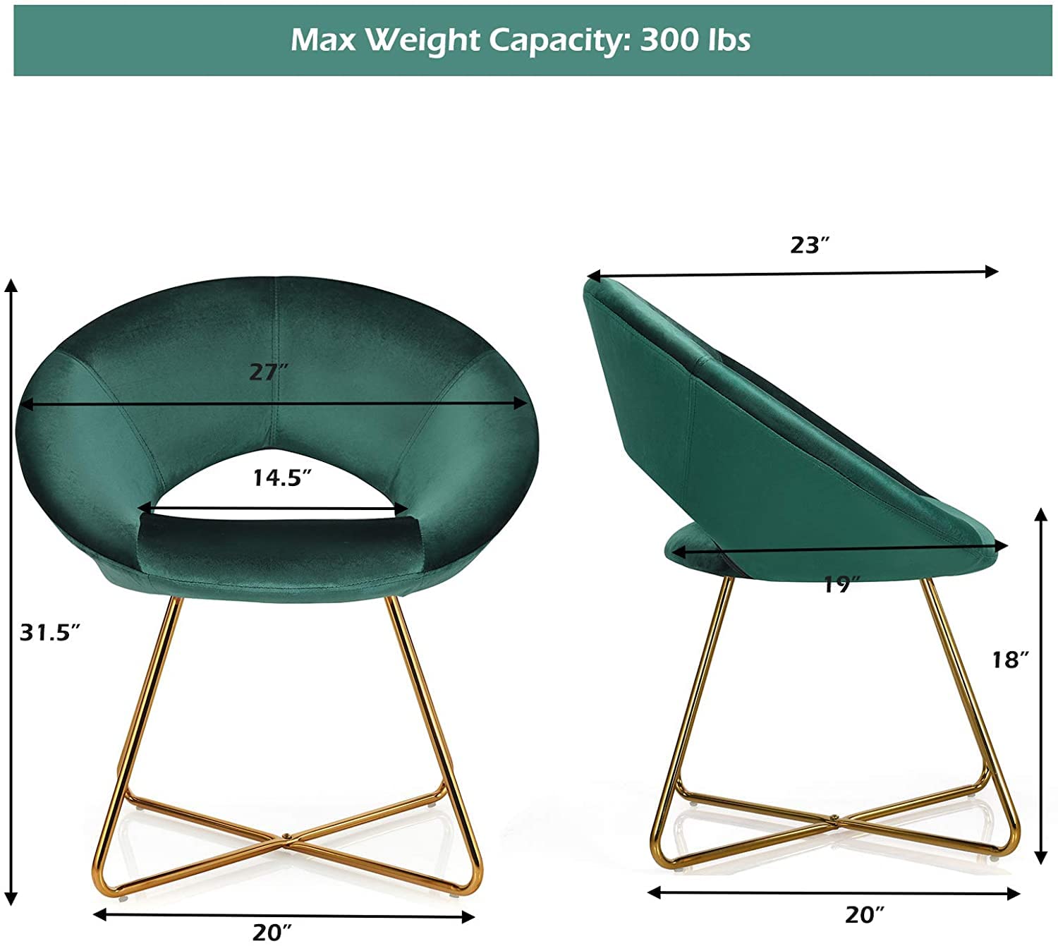 Mid-Century Velvet Accent Chair with Metal Legs - Green Upholstered Vanity Desk Chair for Living Room, Bedroom & Home Office - Golden Finished Modern Sofa Armchair (Set of 2) | Perfect for Reading Nooks, Lounge Areas & Stylish Workspaces