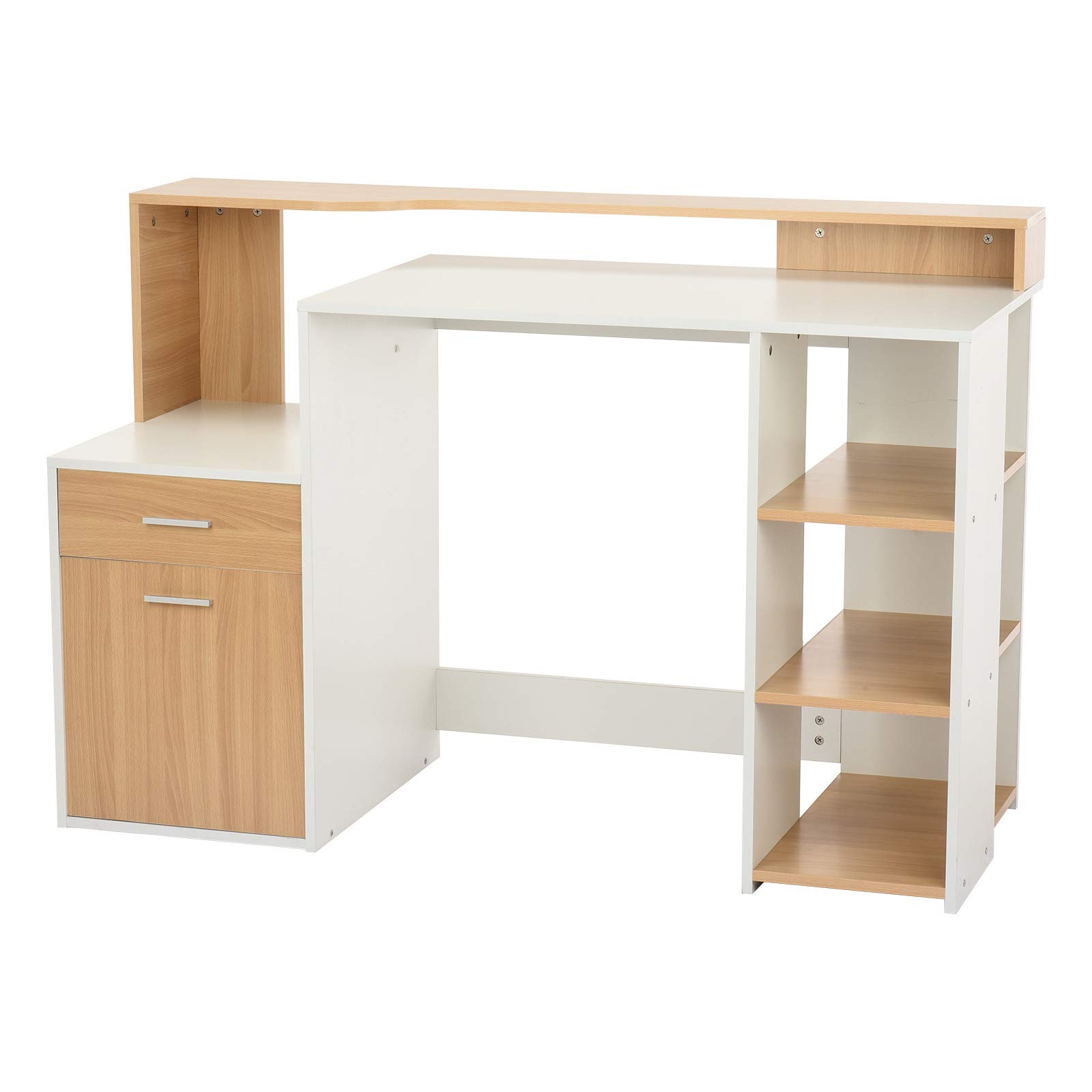 Multifunctional Home Office Computer Desk with Bookshelf - Writing Workstation, Study Desk with Storage Compartments for Bedroom & Office (Khaki, 52.2