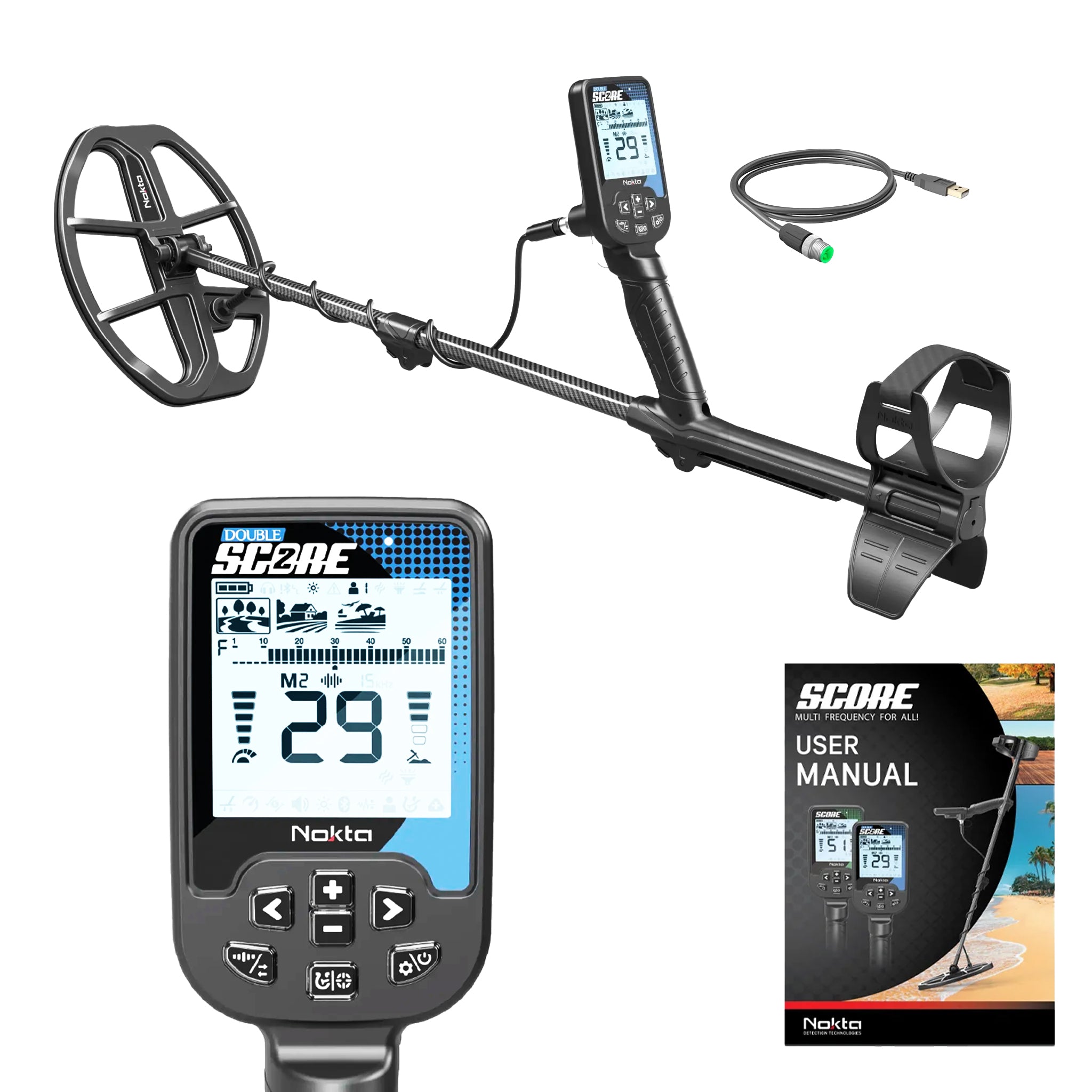 Nokta Double Score (Score 2) SMF Waterproof Metal Detector for Gold, Coin & Treasure Hunting - Professional Metal Detector with LCD Display & IP68 Rating for Beach, Field & Outdoor Adventures