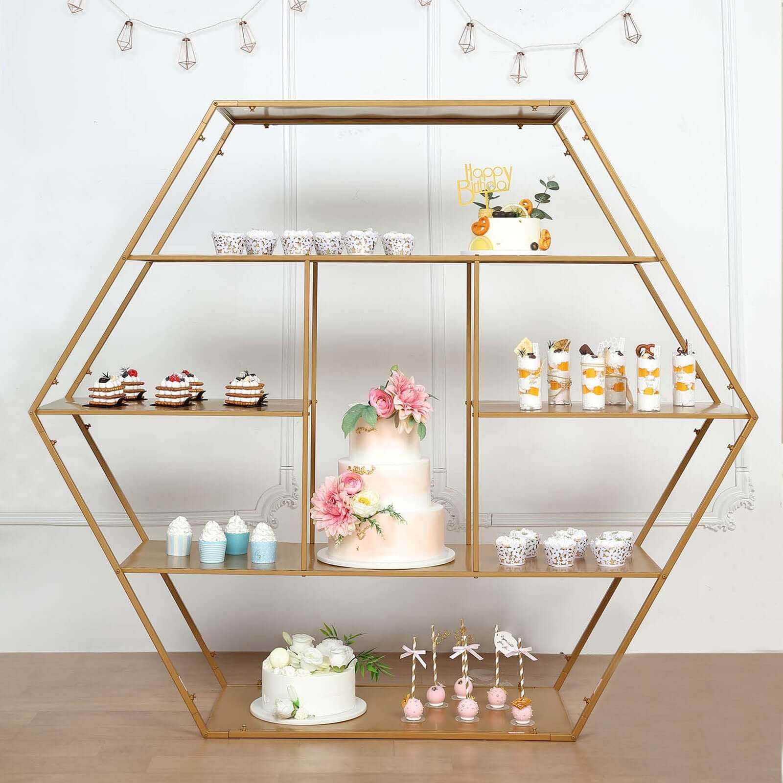 Efavormart 4ft Large Gold Metal Hexagonal Cake Dessert Display Stand - Wedding Arch Backdrop, Balloons Rack, Modern Bookcase - Perfect for Wedding Decor, Party Centerpiece & Home Display