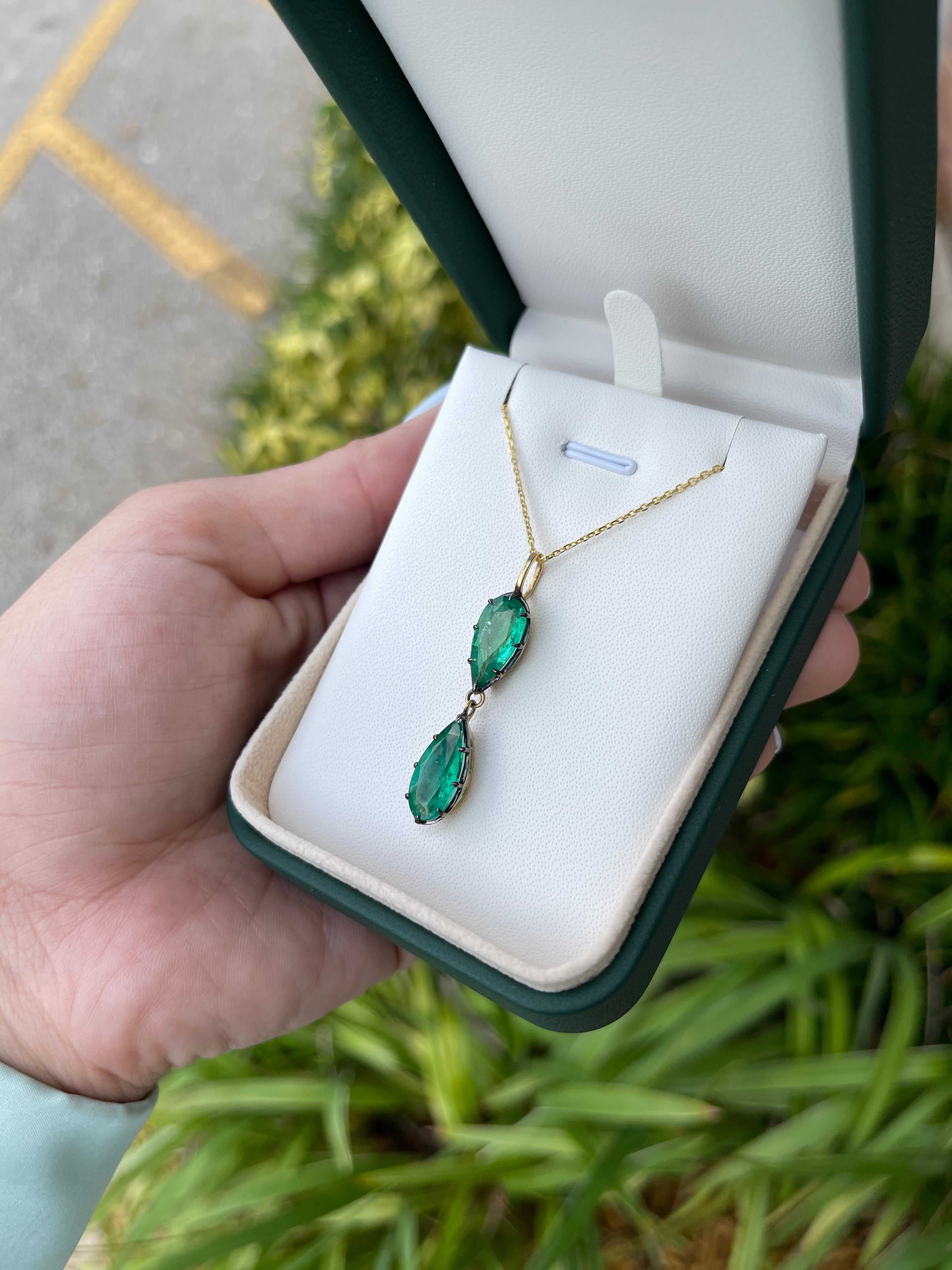 5.25tcw Natural Dark Green Emerald Georgian Style Hourglass Pendant Necklace in 14K Gold - Elegant Jewelry for Weddings, Parties & Special Occasions