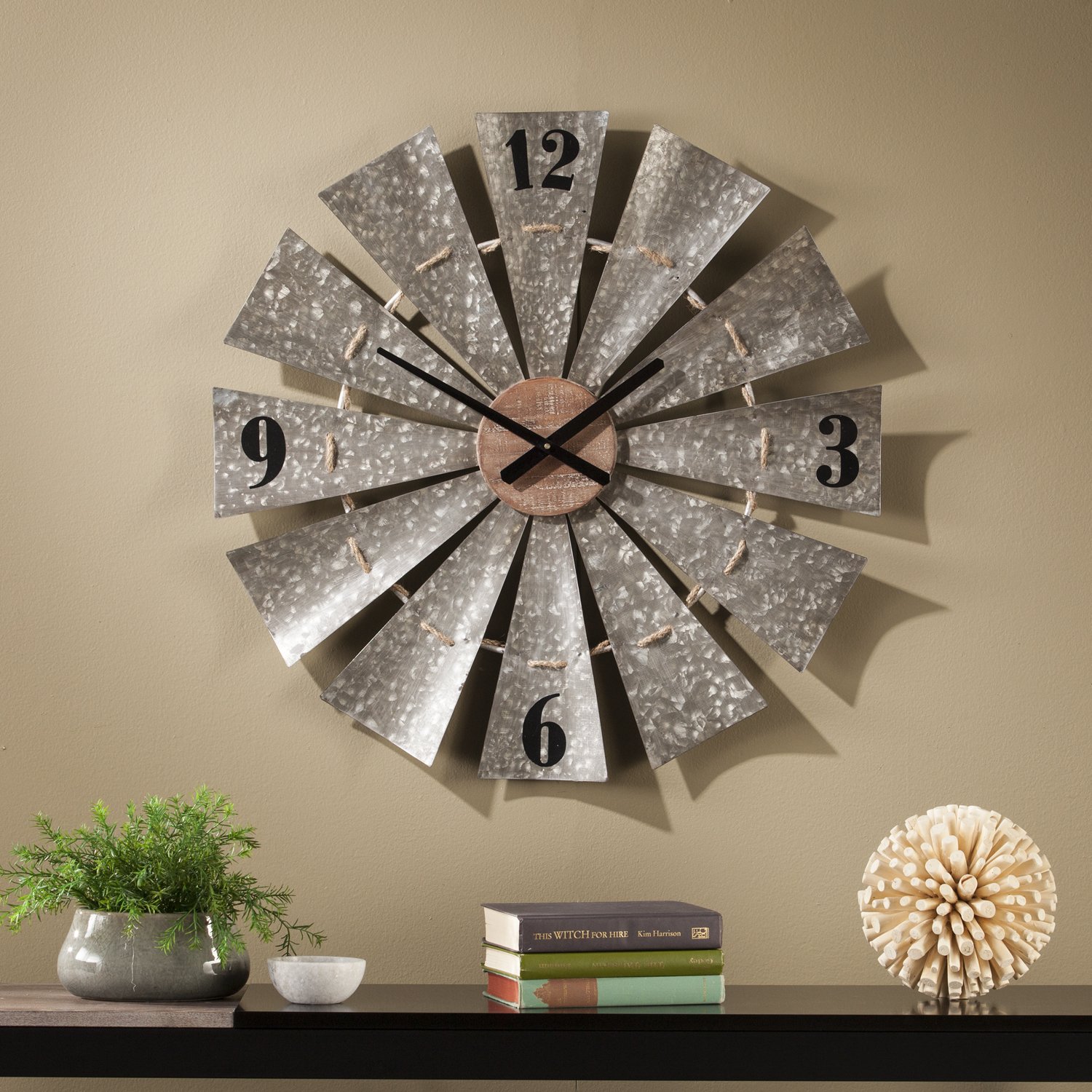 Rustic Windmill Wall Clock - Large Oversized Farmhouse Decor - Galvanized Aluminum Metal Clock for Living Room, Kitchen, Office & Country Style Home