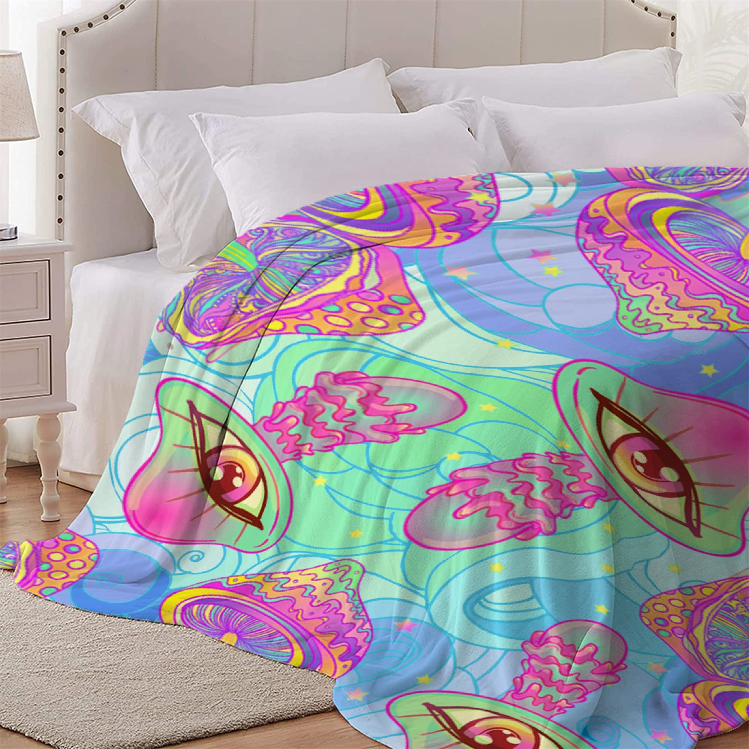 Psychedelic Mushroom Print Throw Blanket - Ultra Soft Flannel Fleece Blanket for Gifts, Plush Lightweight Cozy Blanket for Couch, Sofa & Bed - All Season 60x50 Inch - Perfect for Teens, Travel & Home Decor