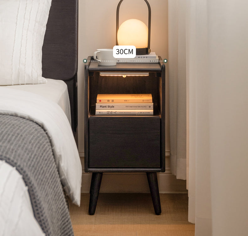 Solid Oak Wood Ultra Narrow Nightstand with Soft Light Sensor - Perfect for Small Bedrooms, Apartments, and Cozy Spaces