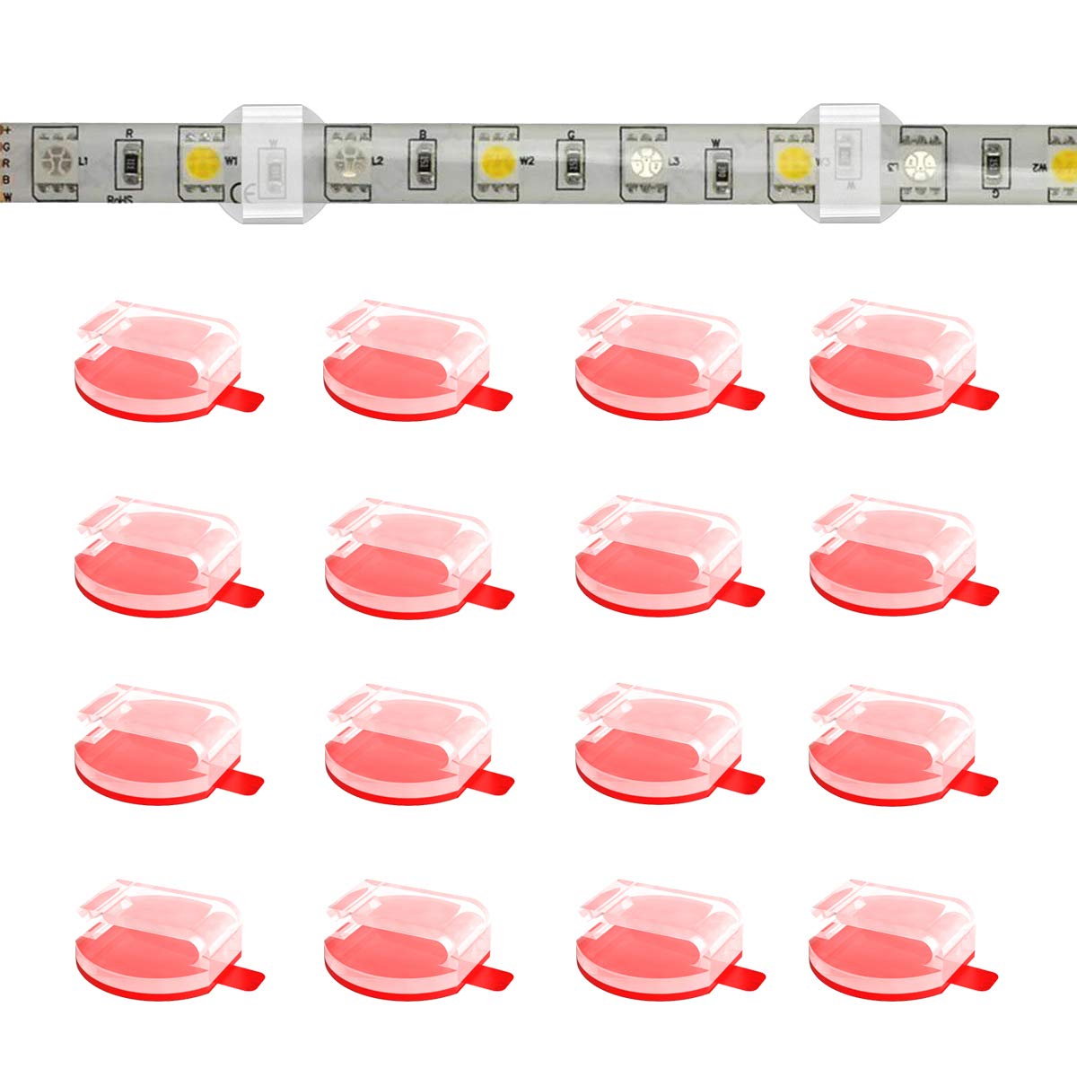 100 Pack Clear Self-Adhesive LED Strip Light Mounting Clips - 8mm/10mm/12mm Universal Fixing Clamps with Hooks for USB Cable Wires Organizer - Perfect for Under Cabinet Lighting, Home Theater Setup & DIY LED Projects
