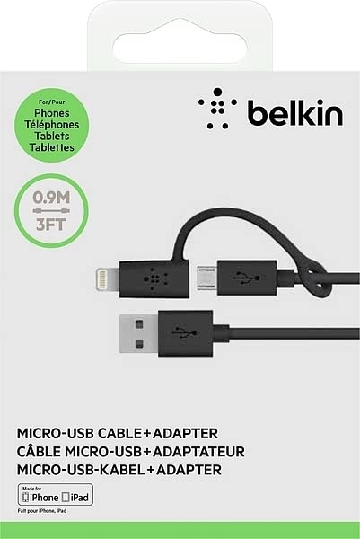 Belkin 3-Feet Micro-USB to Lightning Adapter Cable - Fast Charging & Data Sync for iPhone, iPad - Durable Nylon Braided (Black) - Perfect for Travel, Home & Office Use