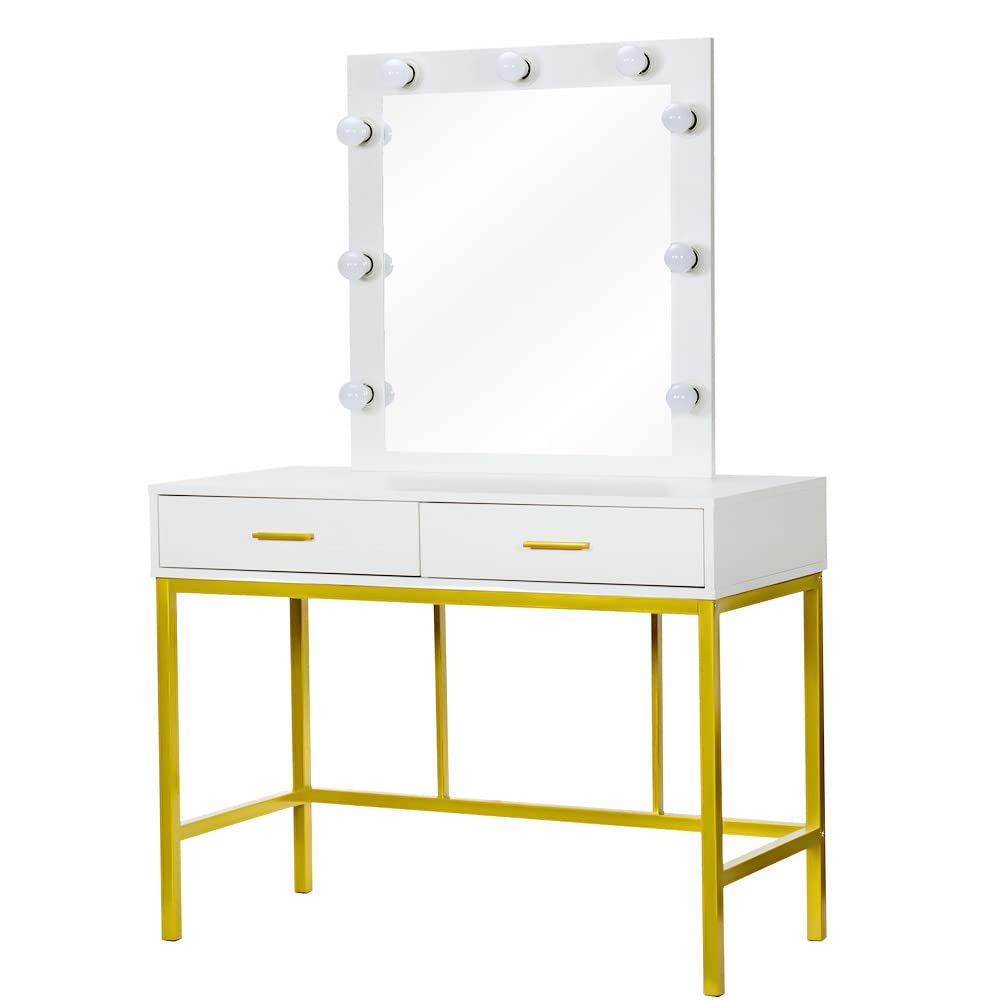 9-Light Makeup Vanity Desk with Large Mirror & 2 Drawers - White & Gold Dressing Table for Women & Girls | Perfect for Bedroom, Bathroom & Beauty Room Organization