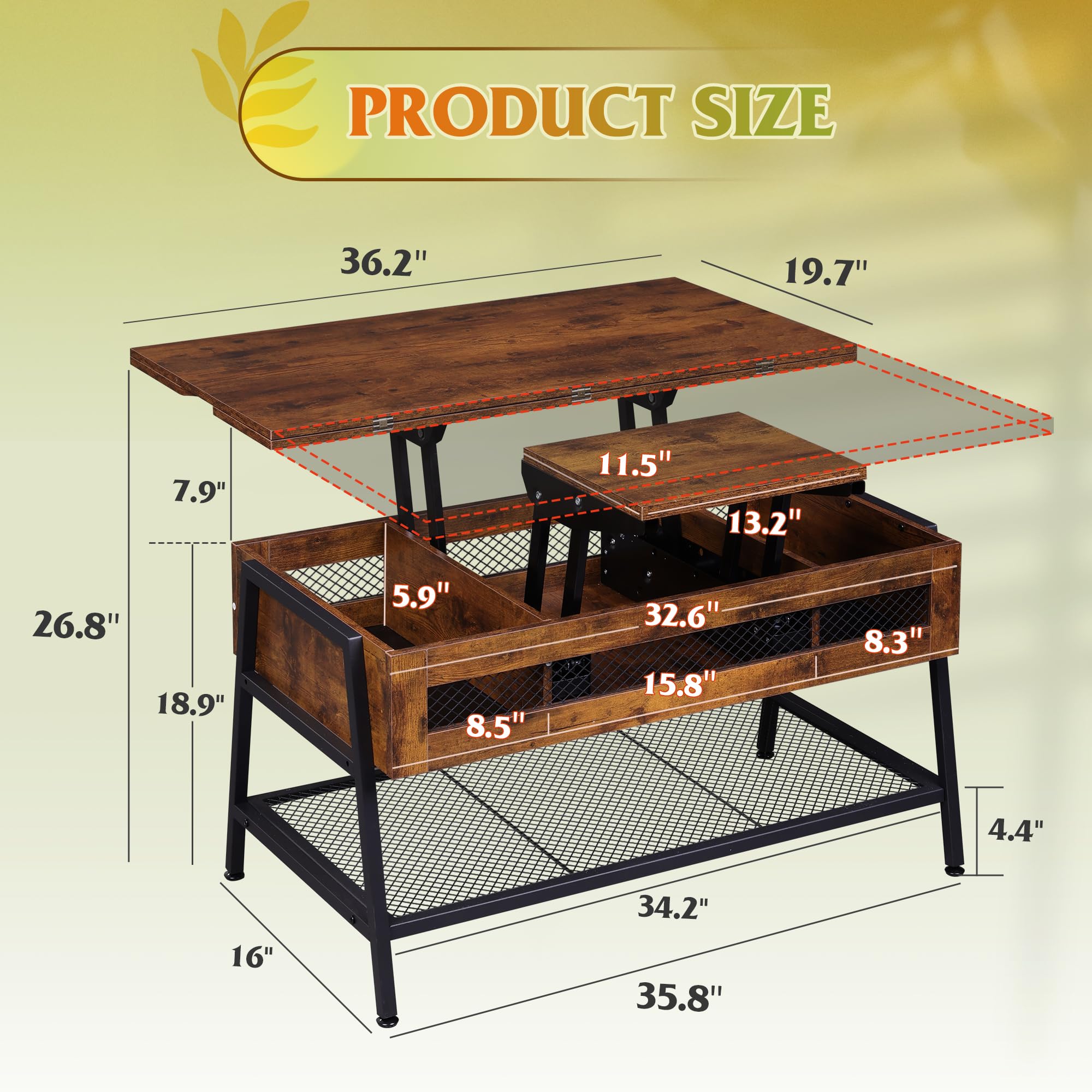 WLIVE Lift Top Coffee Table - 3-in-1 Convertible Coffee Table with Hidden Storage | Rustic Brown Multi-Functional Table Transforms to Dining Table | Perfect for Small Spaces, Living Rooms & Home Offices