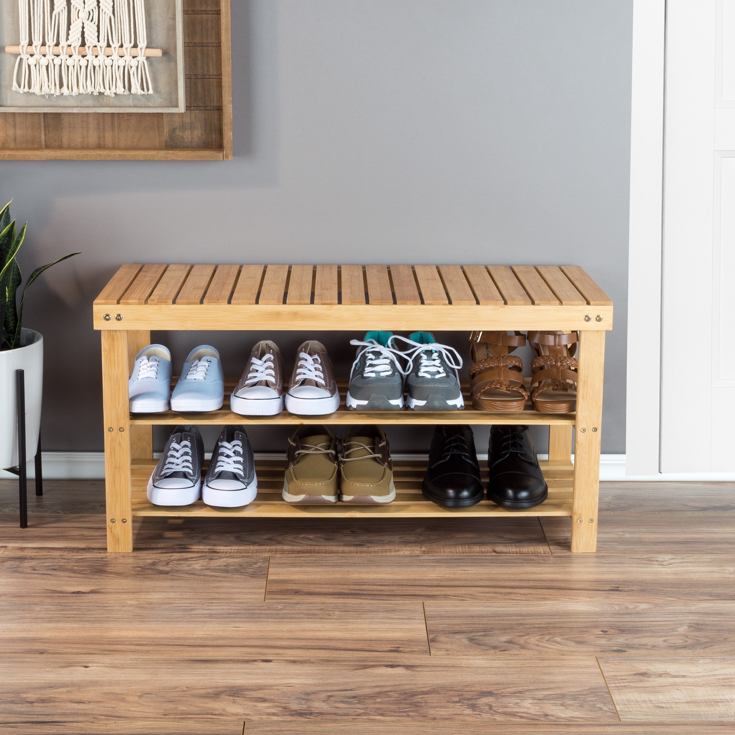 Eco-Friendly Bamboo Shoe Rack Bench with 2 Shelves - Natural Wood Entryway Storage Organizer for Shoes - Perfect for Bedroom, Hallway, Closet & Small Space Organization