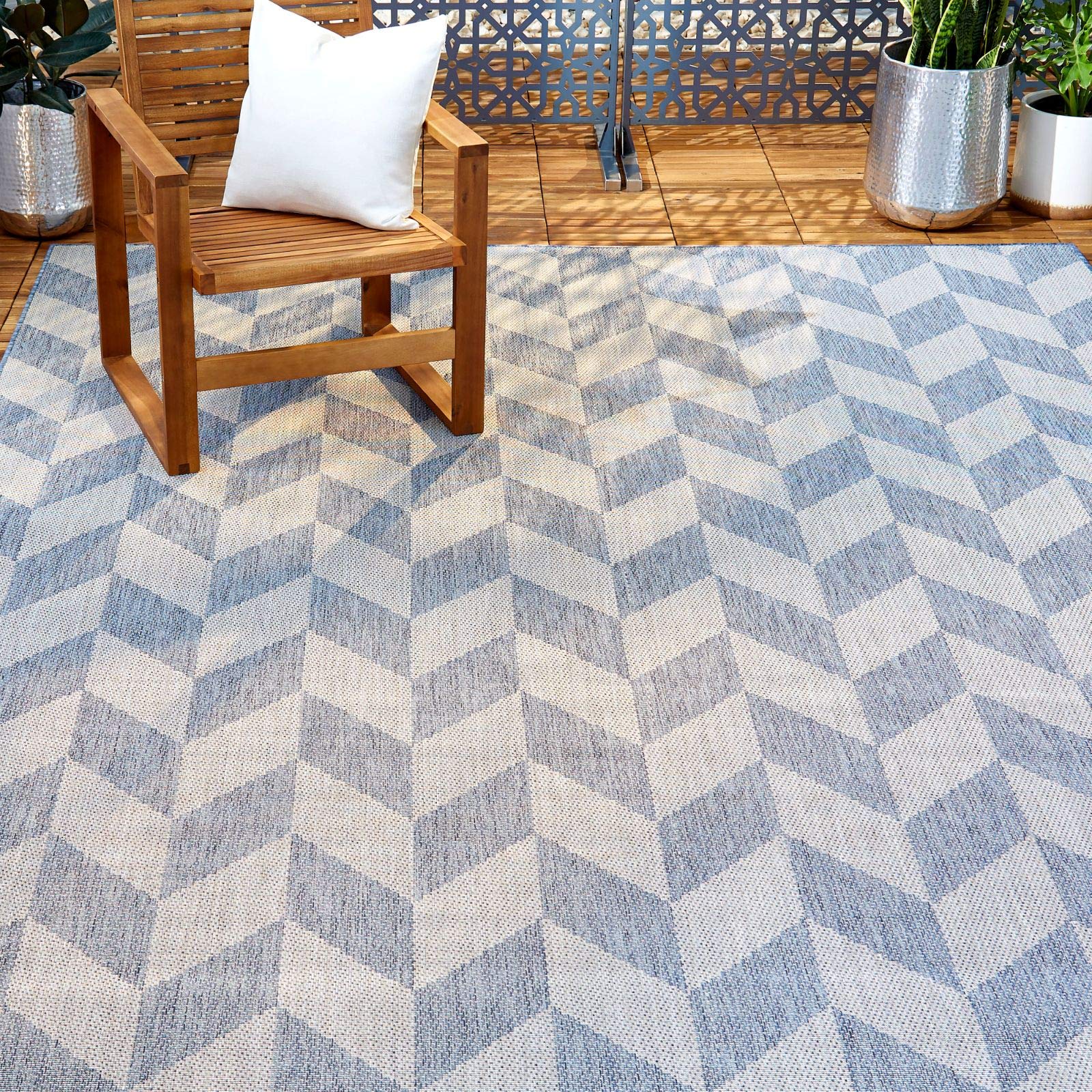Nicole Miller New York Patio Country Calla Contemporary Herringbone Indoor/Outdoor Area Rug - Blue & Grey - 7'9