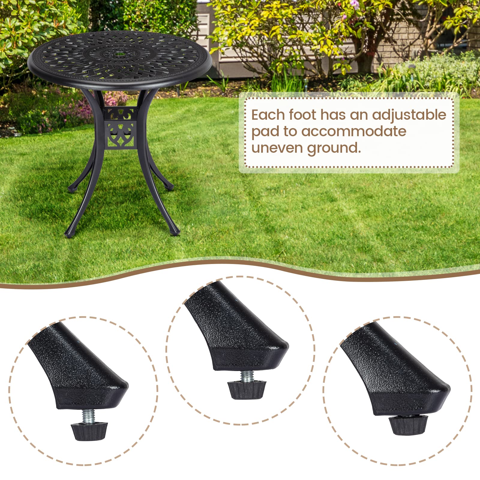 **Rust-Resistant Aluminum Round Patio Bistro Table with Adjustable Foot Pads & Umbrella Hole – Perfect for Outdoor Dining, Balcony, Backyard, and Garden (Black)**
